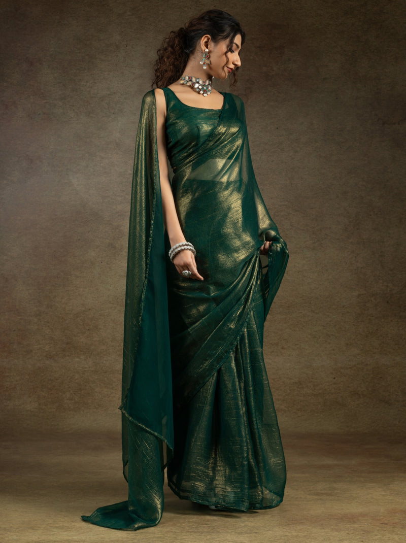 Forest Green Ready to Wear Party Saree With Blouse Piece