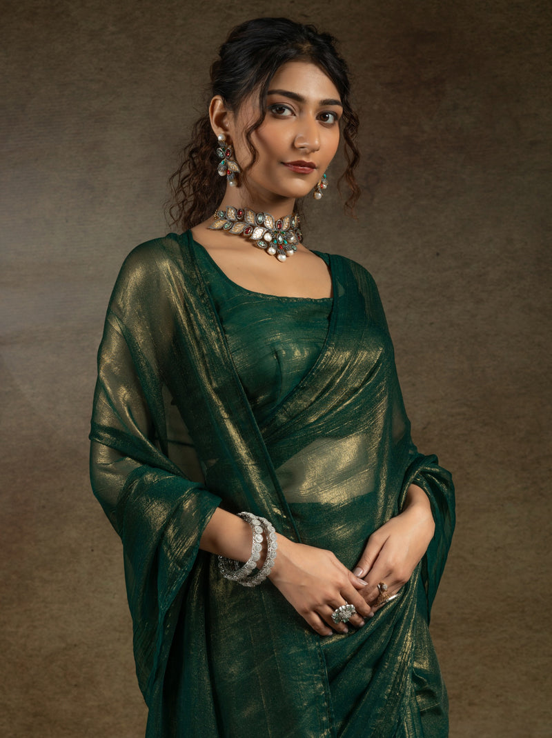 Forest Green Ready to Wear Party Saree With Blouse Piece