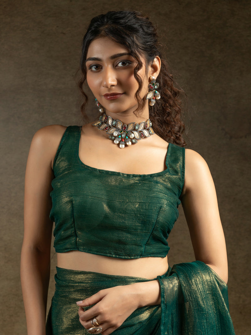 Forest Green Ready to Wear Party Saree With Blouse Piece
