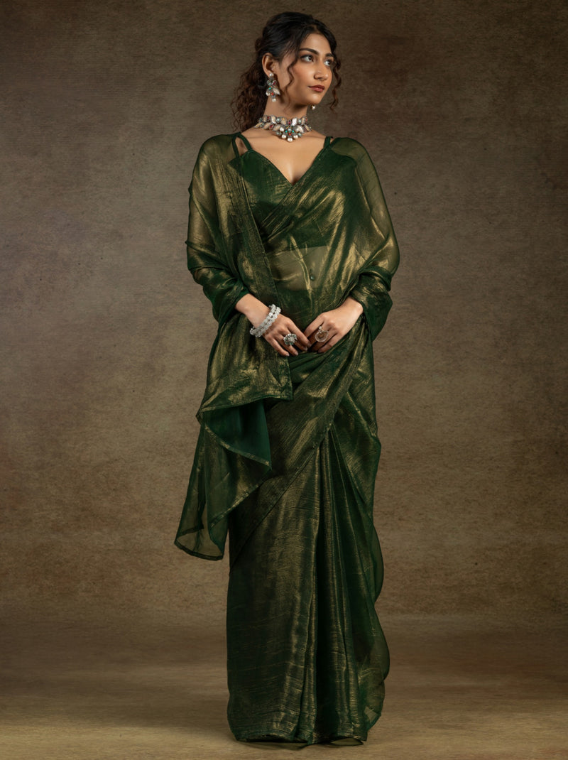 Dark Green Ready to Wear Party Saree With Blouse Piece