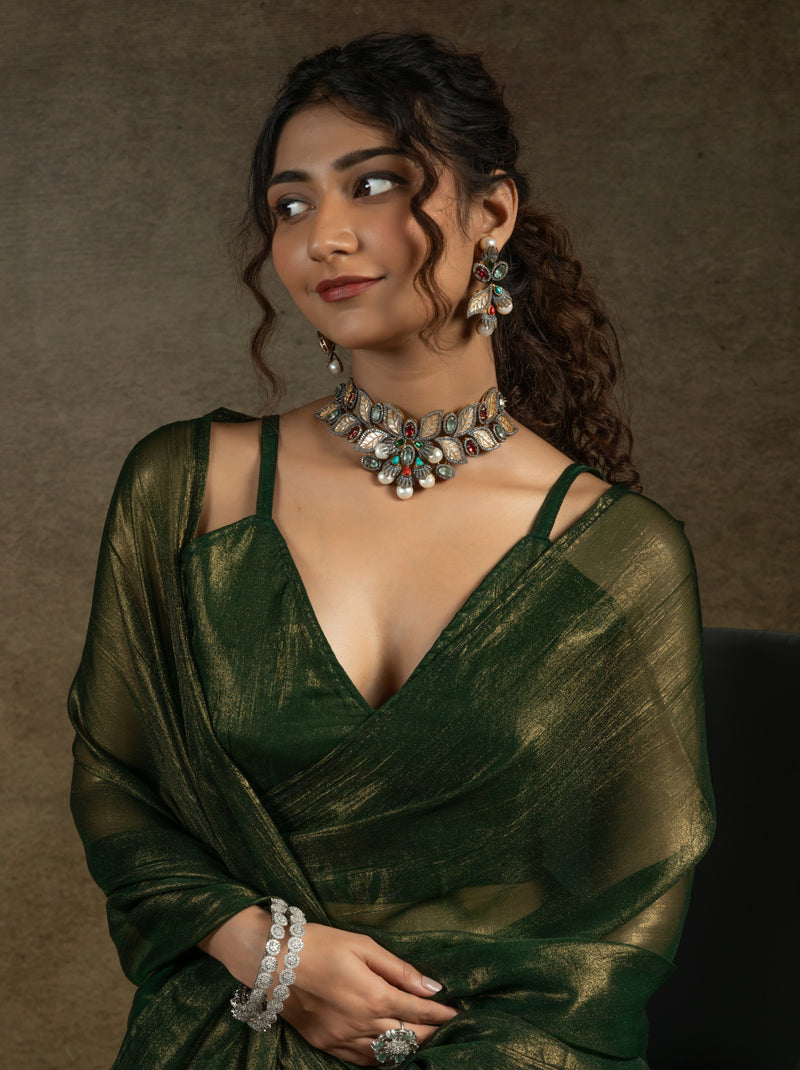 Dark Green Ready to Wear Party Saree With Blouse Piece
