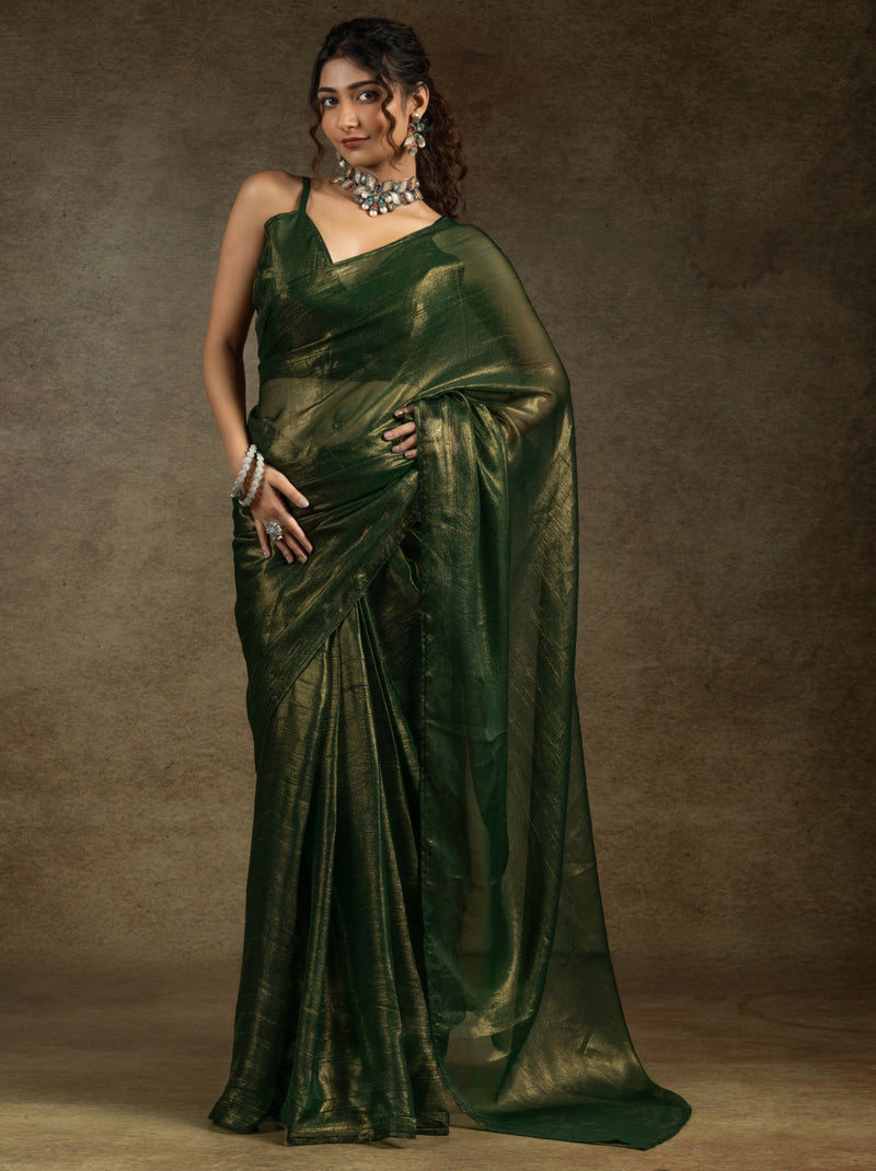 Dark Green Ready to Wear Party Saree With Blouse Piece