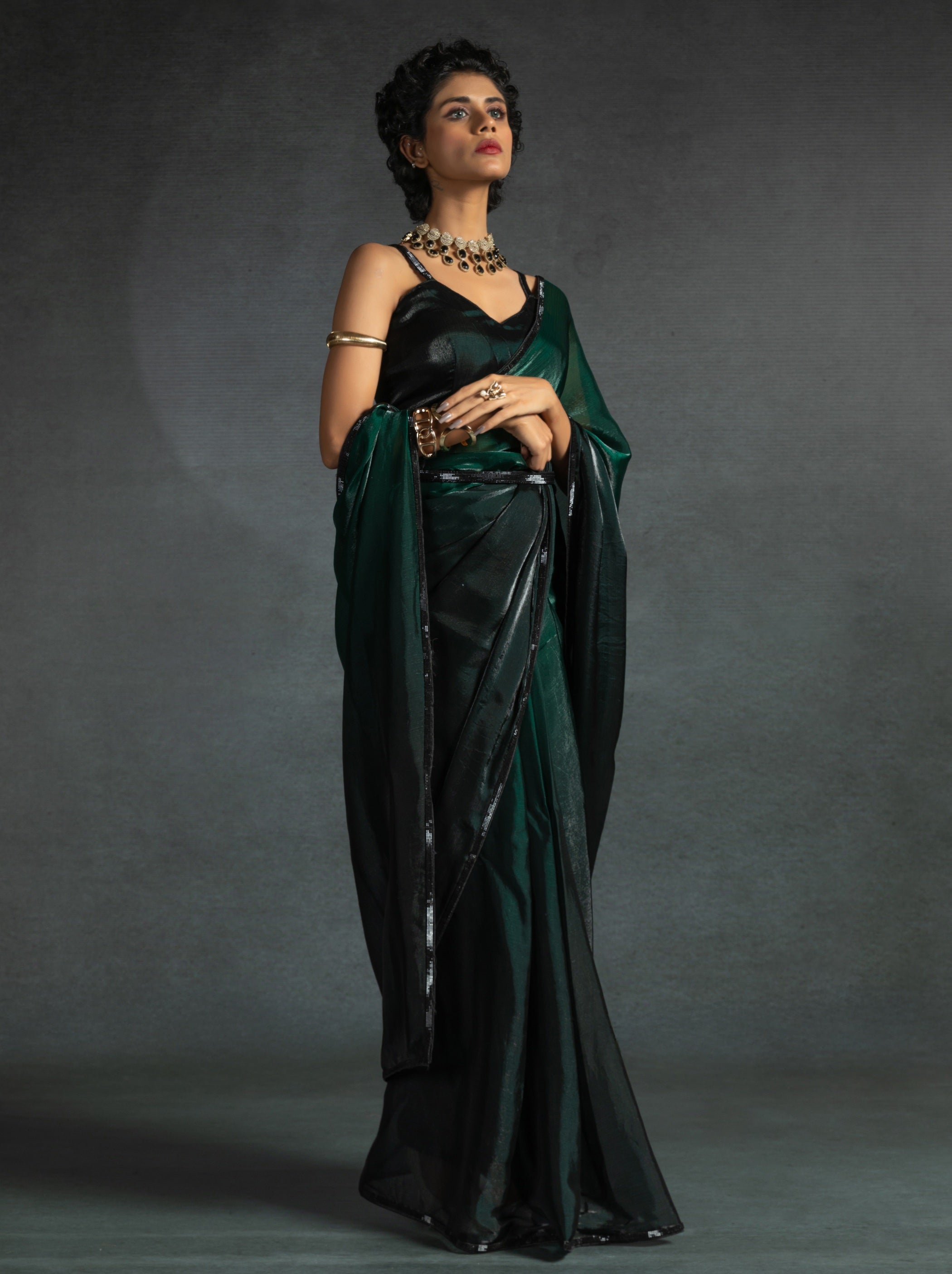 Dark Green Fancy Ready to Wear Saree With Stone Work Border