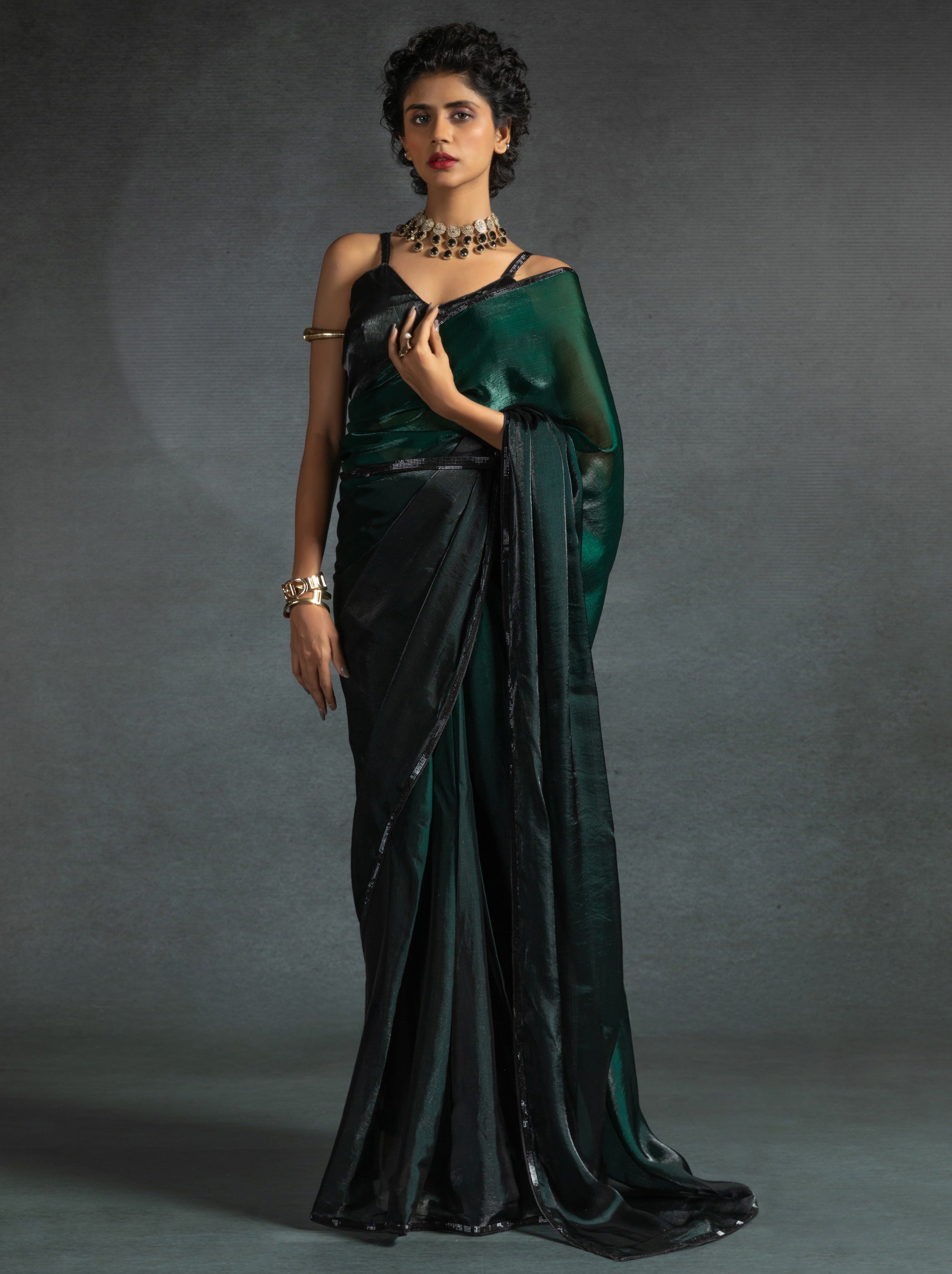 Dark Green Fancy Ready to Wear Saree With Stone Work Border