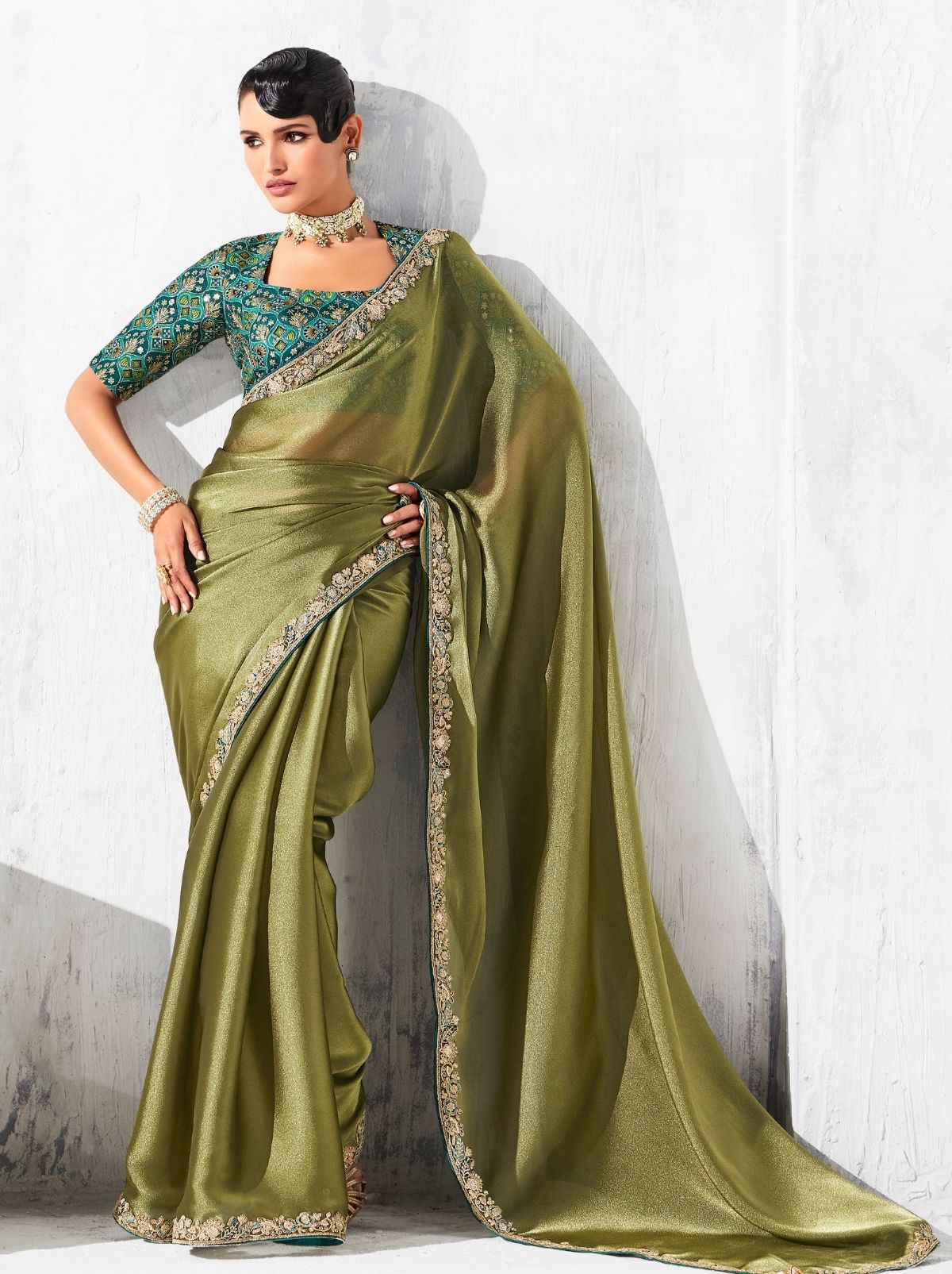 Olive Green Fancy Silk Saree with Beautiful Blouse Piece
