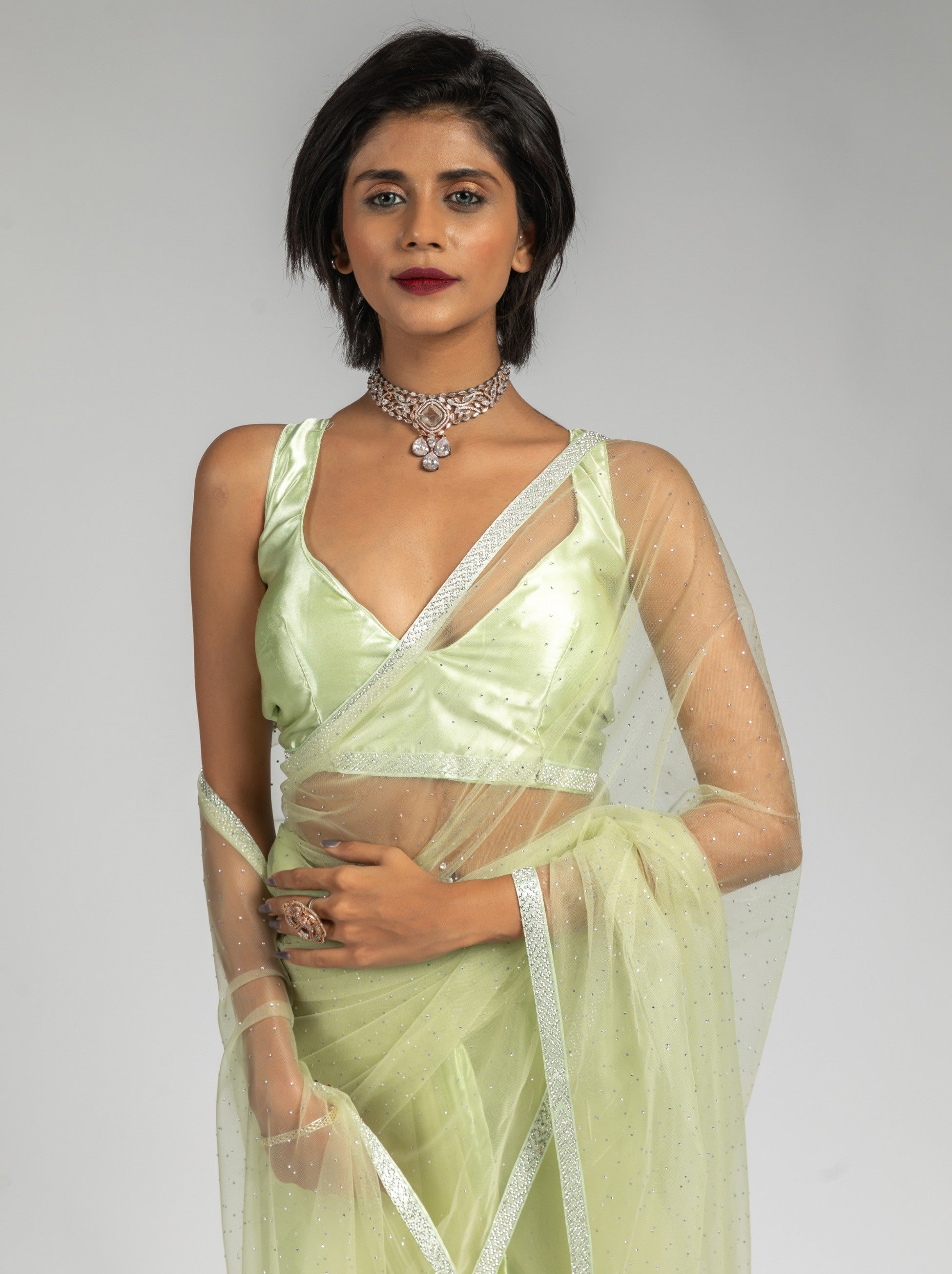 Tea Green Net Designer Ready to Wear Saree With Diamond Work - TrendOye