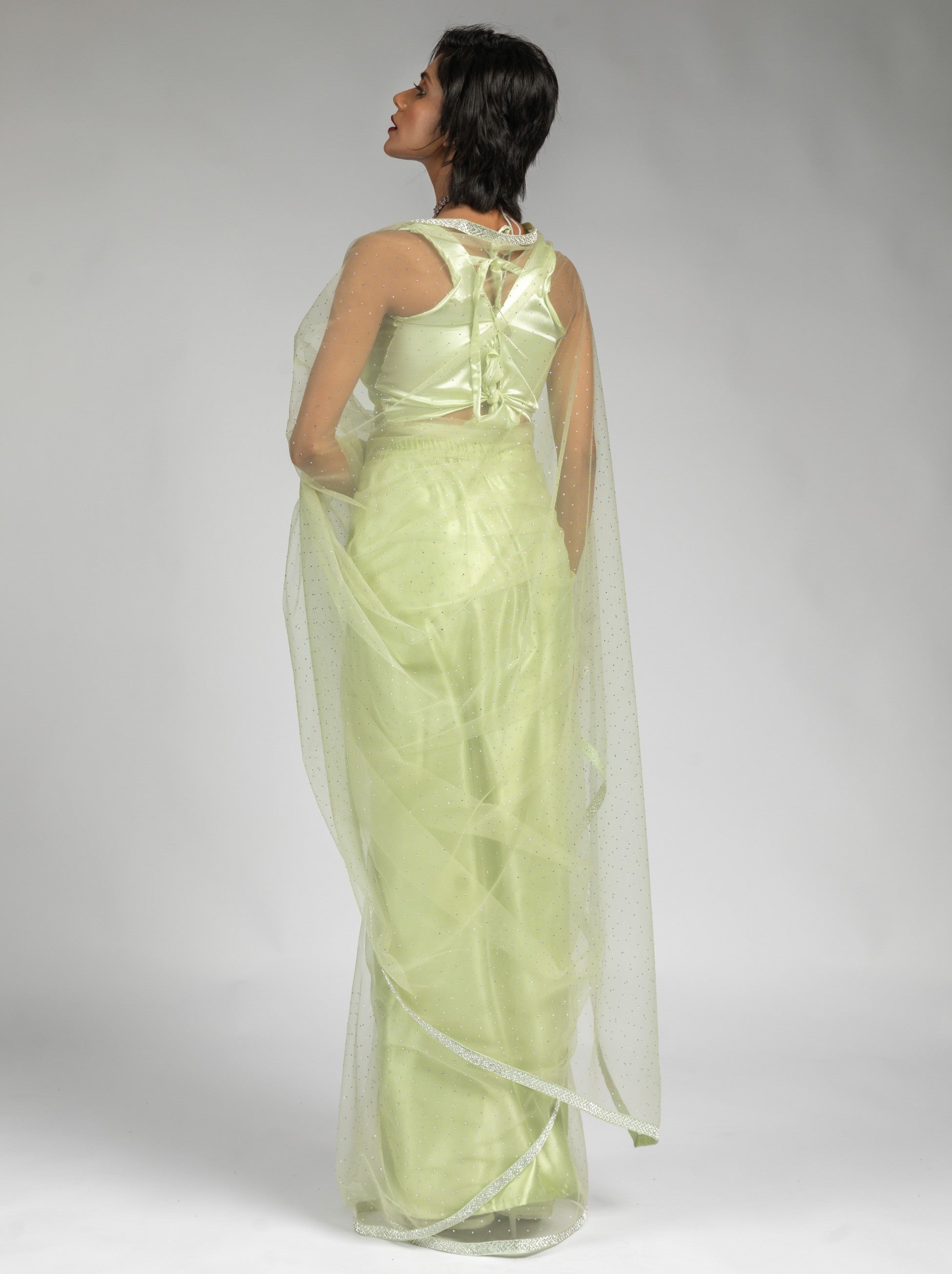 Tea Green Net Designer Ready to Wear Saree With Diamond Work - TrendOye