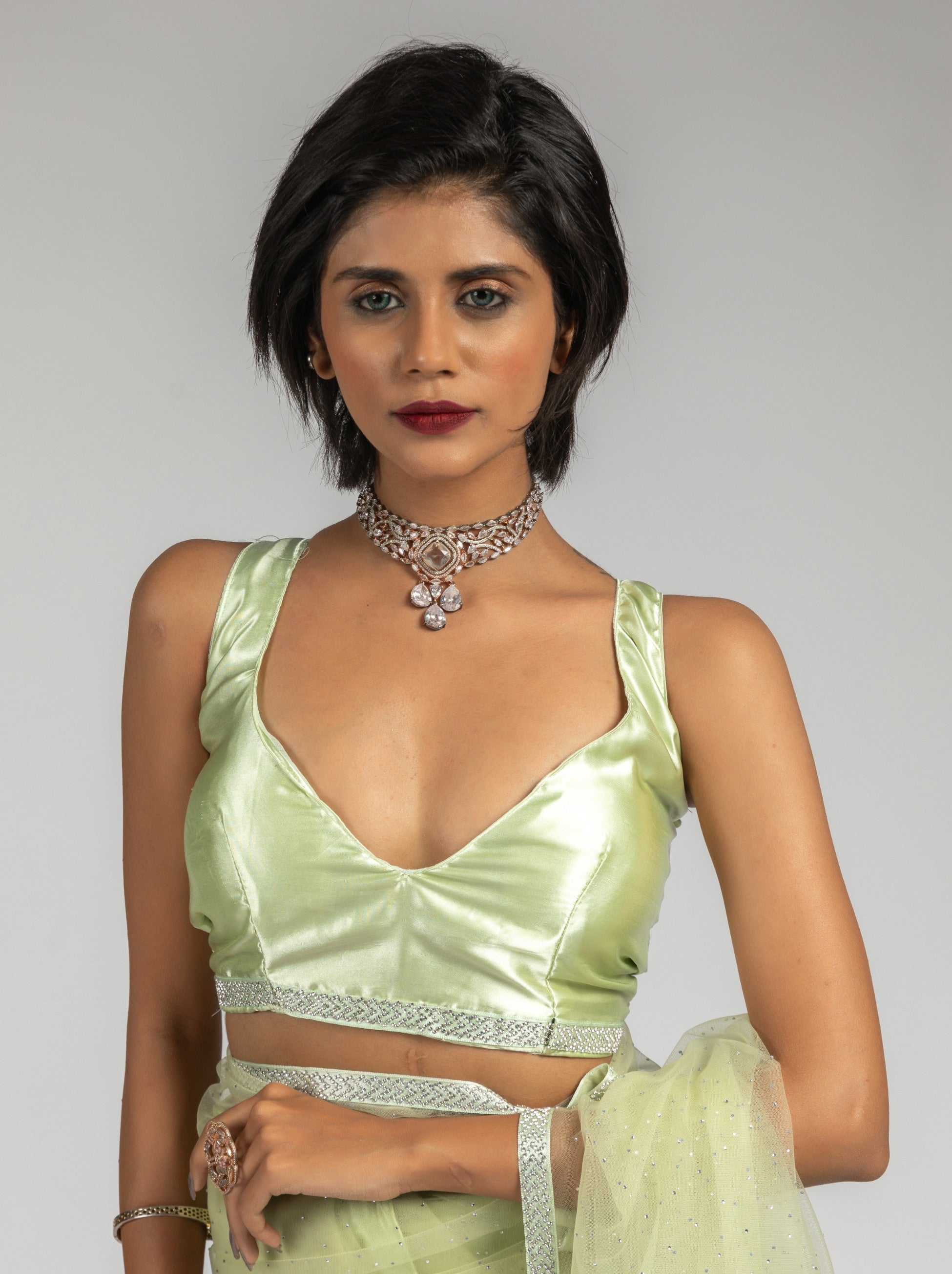 Tea Green Net Designer Ready to Wear Saree With Diamond Work - TrendOye