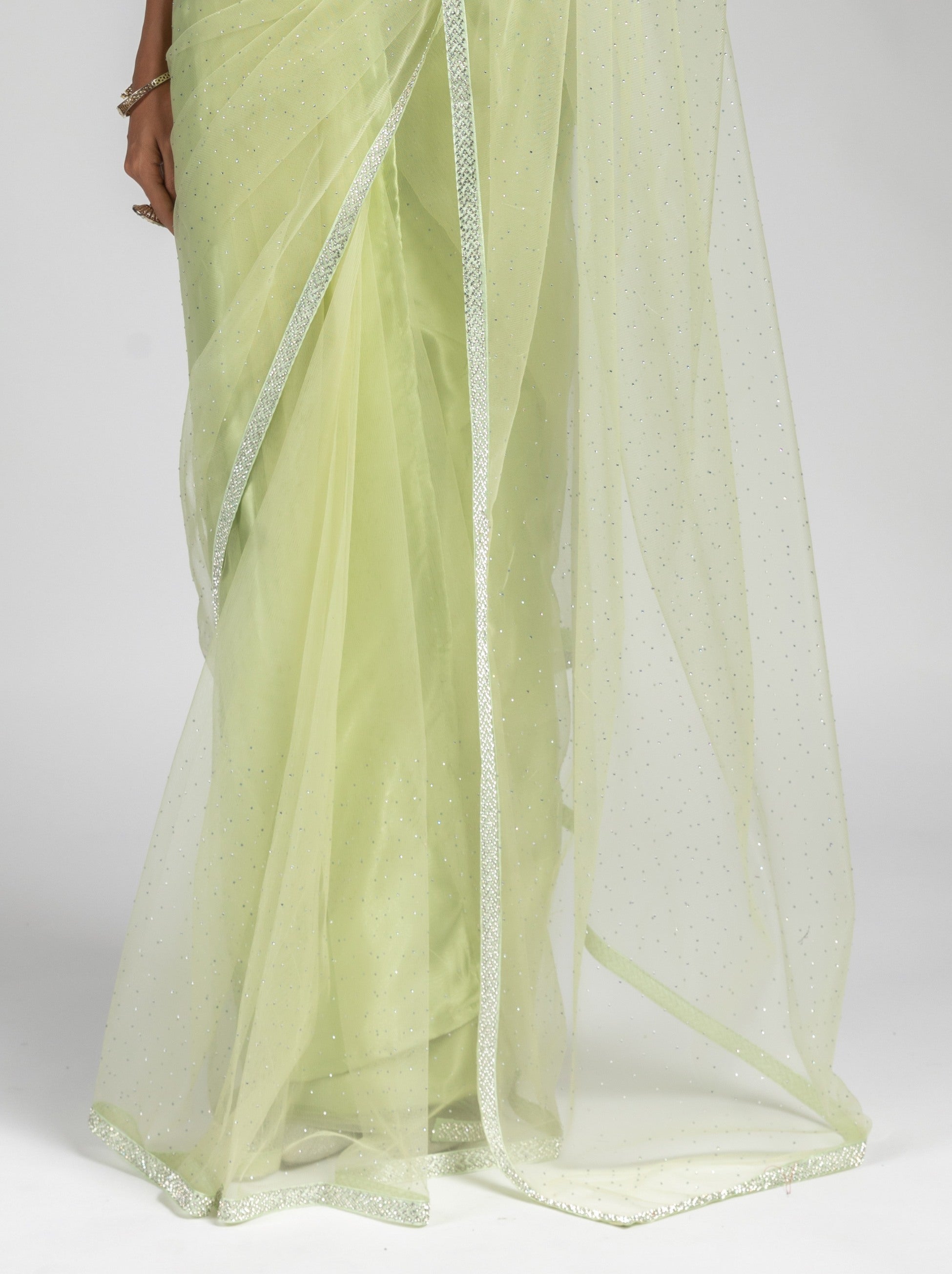 Tea Green Net Designer Ready to Wear Saree With Diamond Work - TrendOye