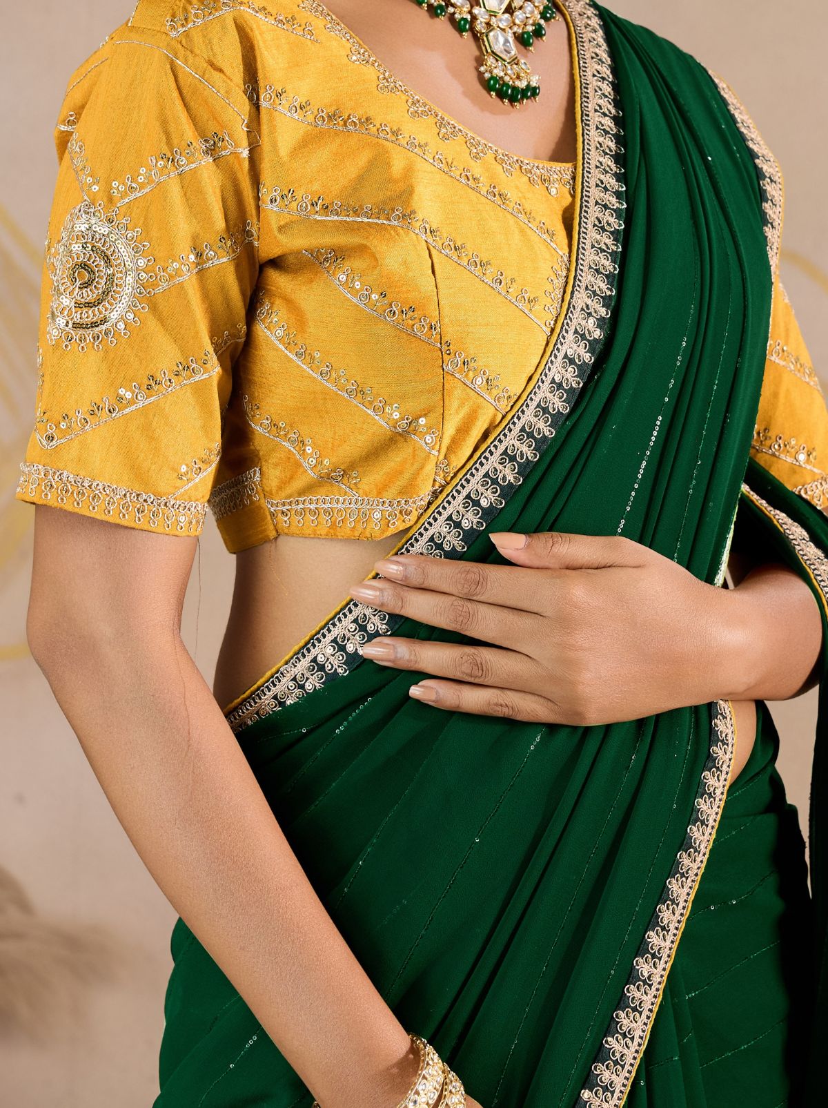 Sacramento Green Georgette Silk Party Saree with Zari & Sequin Border