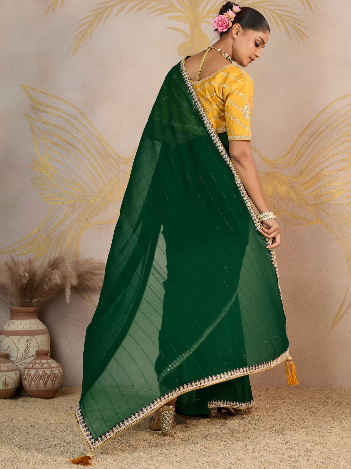 Sacramento Green Georgette Silk Party Saree with Zari & Sequin Border