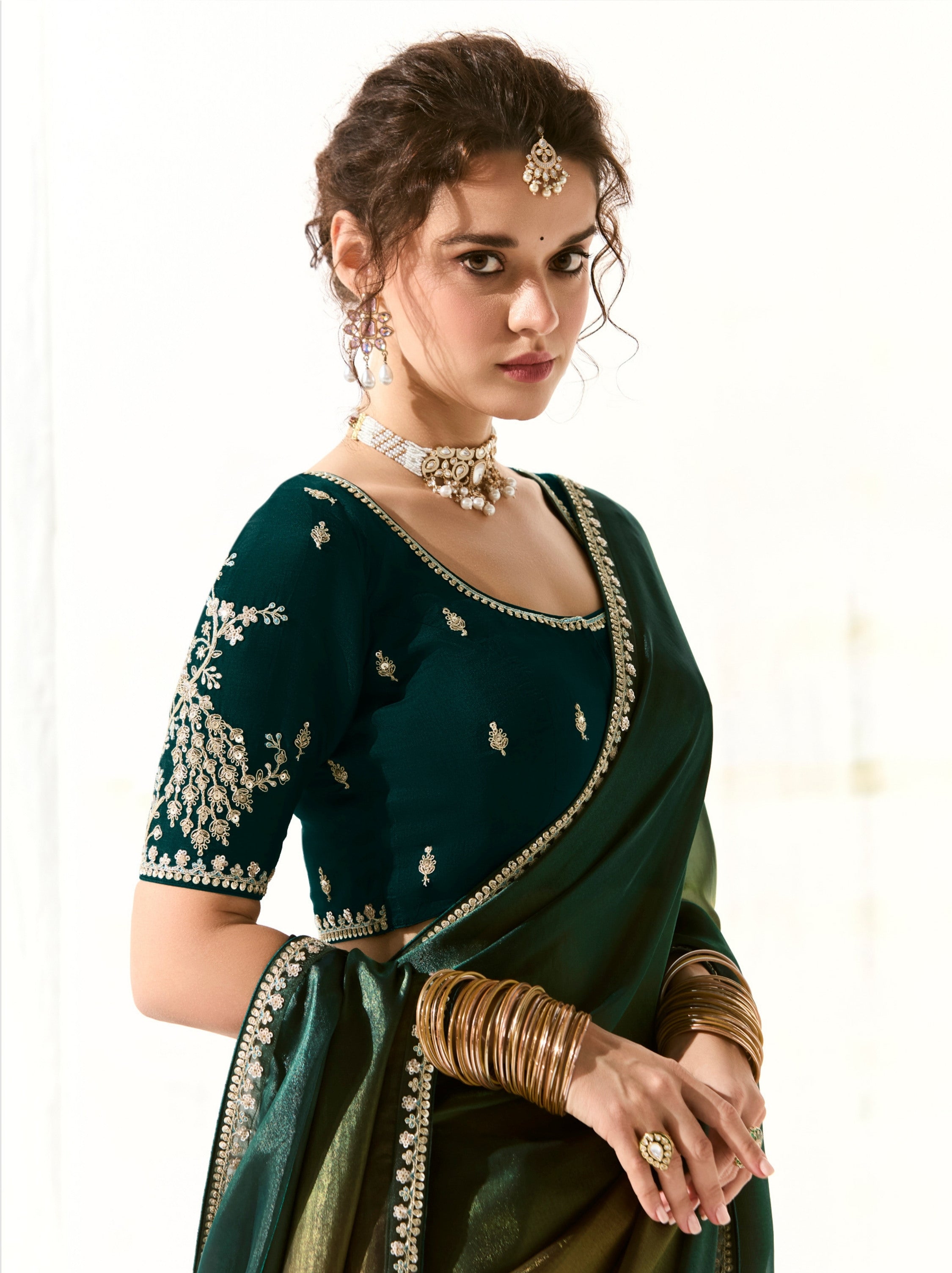 Dual Tone Green-Gold Organza Tissue Fancy Designer Saree With Blouse Piece