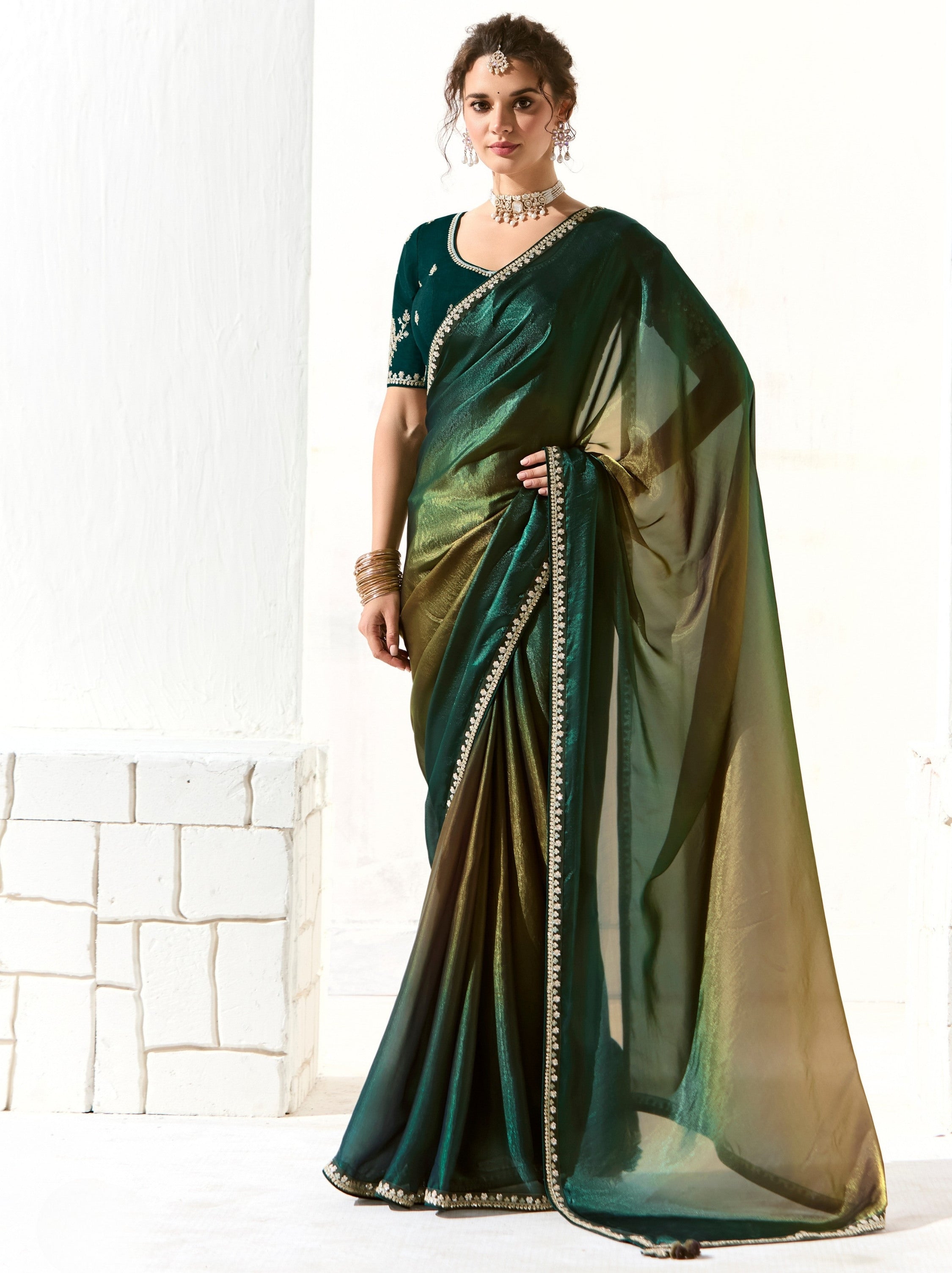 Dual Tone Green-Gold Organza Tissue Fancy Designer Saree With Blouse Piece