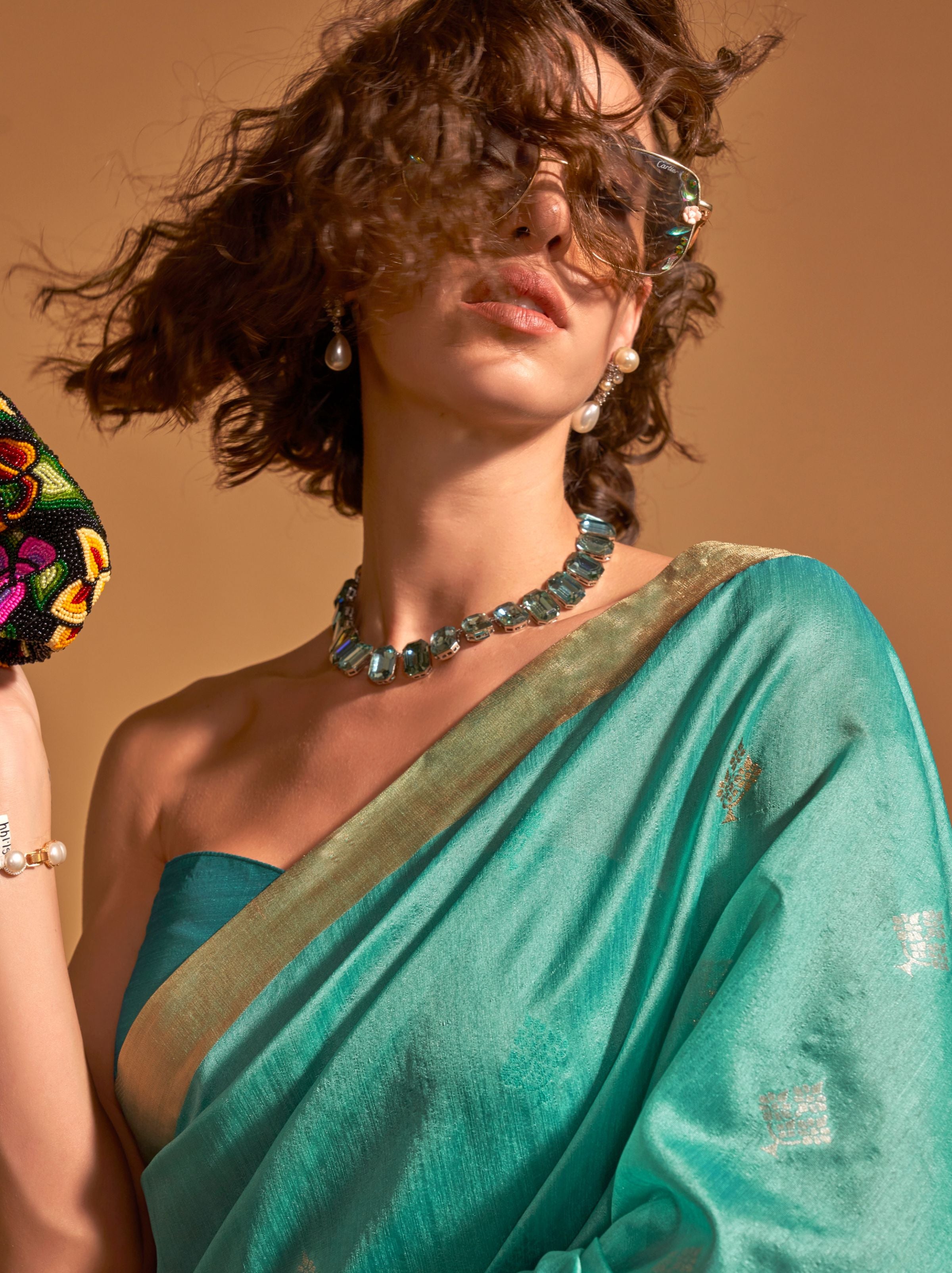 Turquoise Blue Designer  Silk Blended Saree - TrendOye