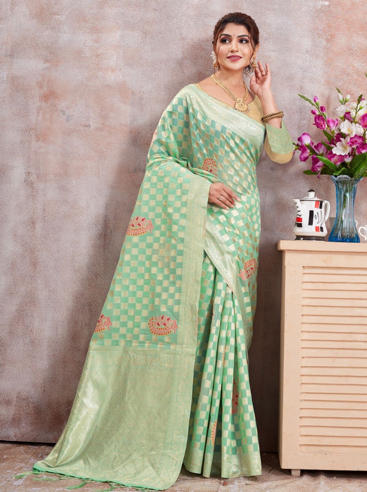 Green Kota Cotton Silk Designer Saree - TrendOye