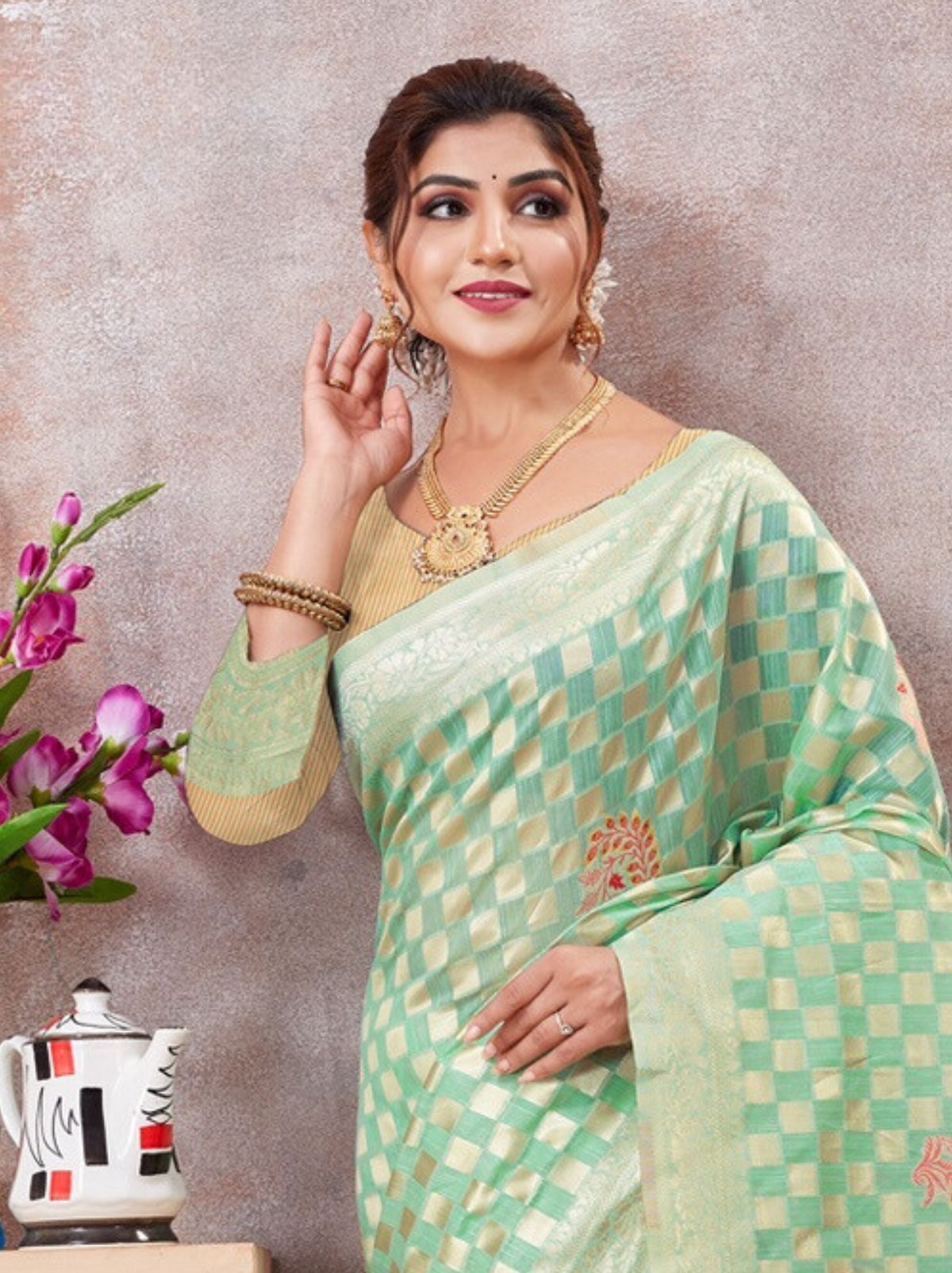 Green Kota Cotton Silk Designer Saree - TrendOye