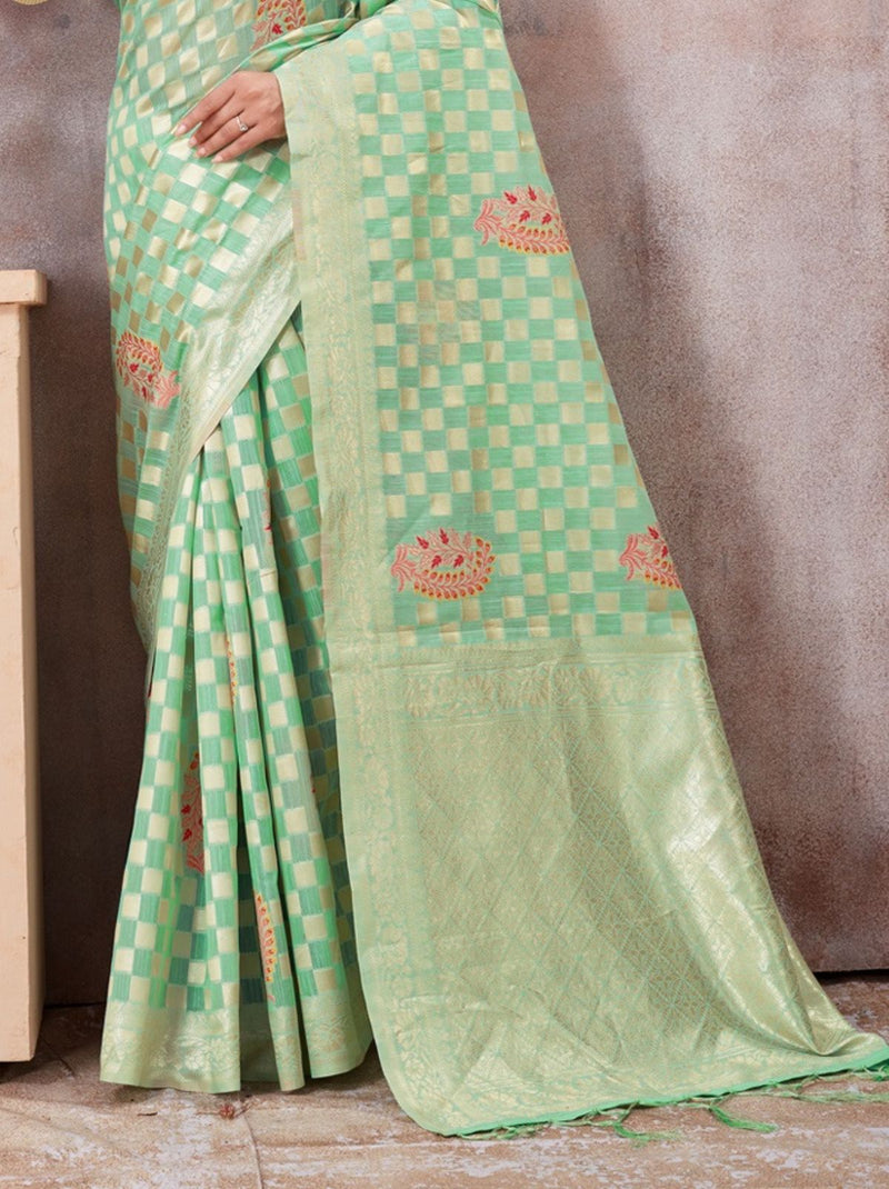 Green Kota Cotton Silk Designer Saree - TrendOye