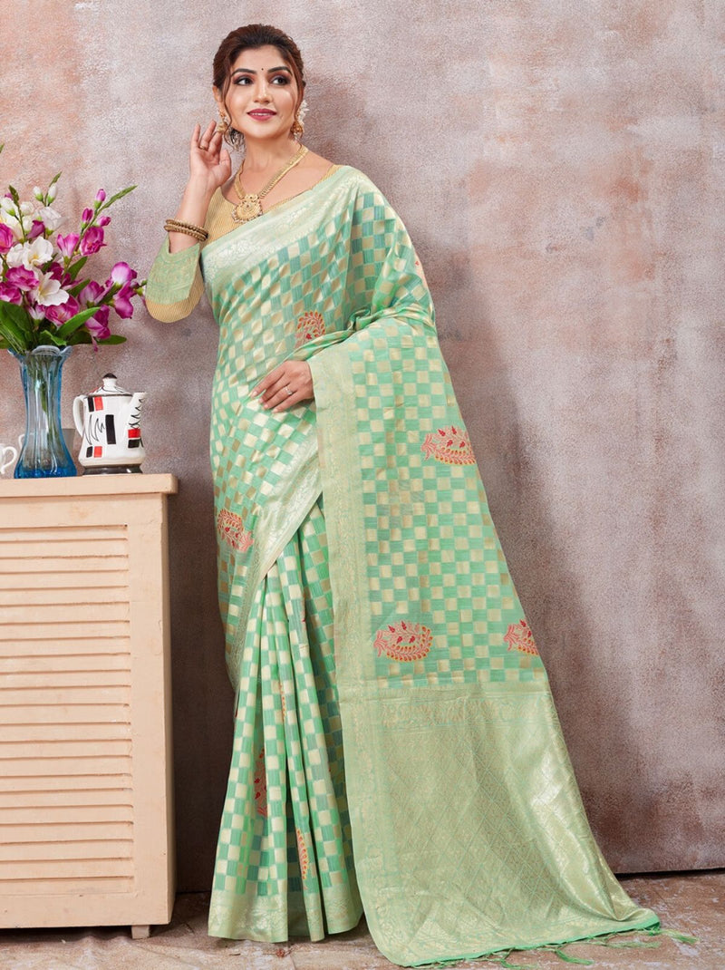Green Kota Cotton Silk Designer Saree - TrendOye