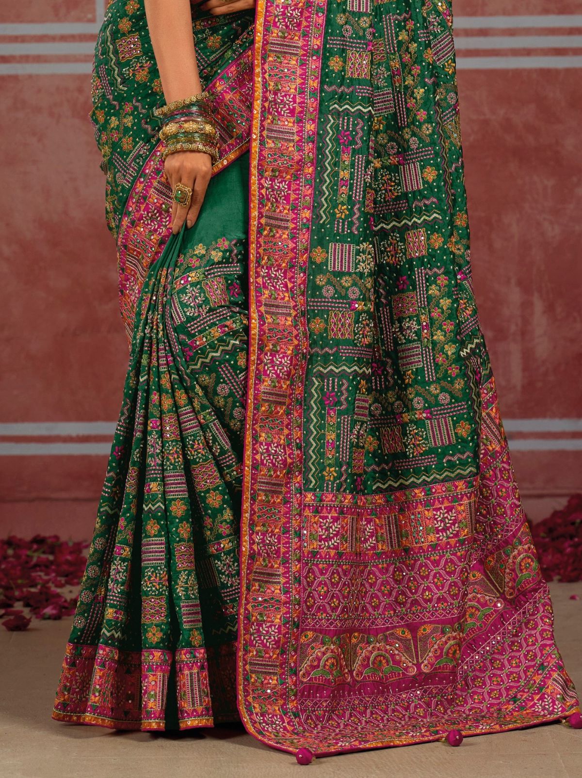 Forest Green Luxurious Premium Silk Saree With Intricate Embroidery