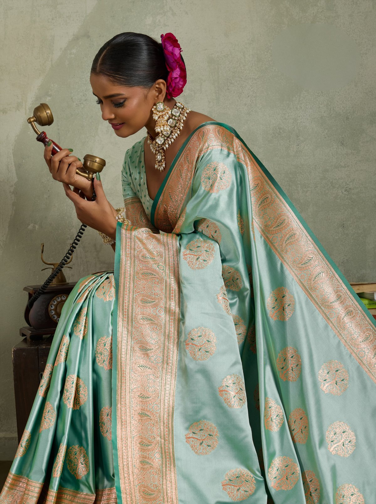 Mint Green Luxurious Satin Silk Saree With Blouse Piece