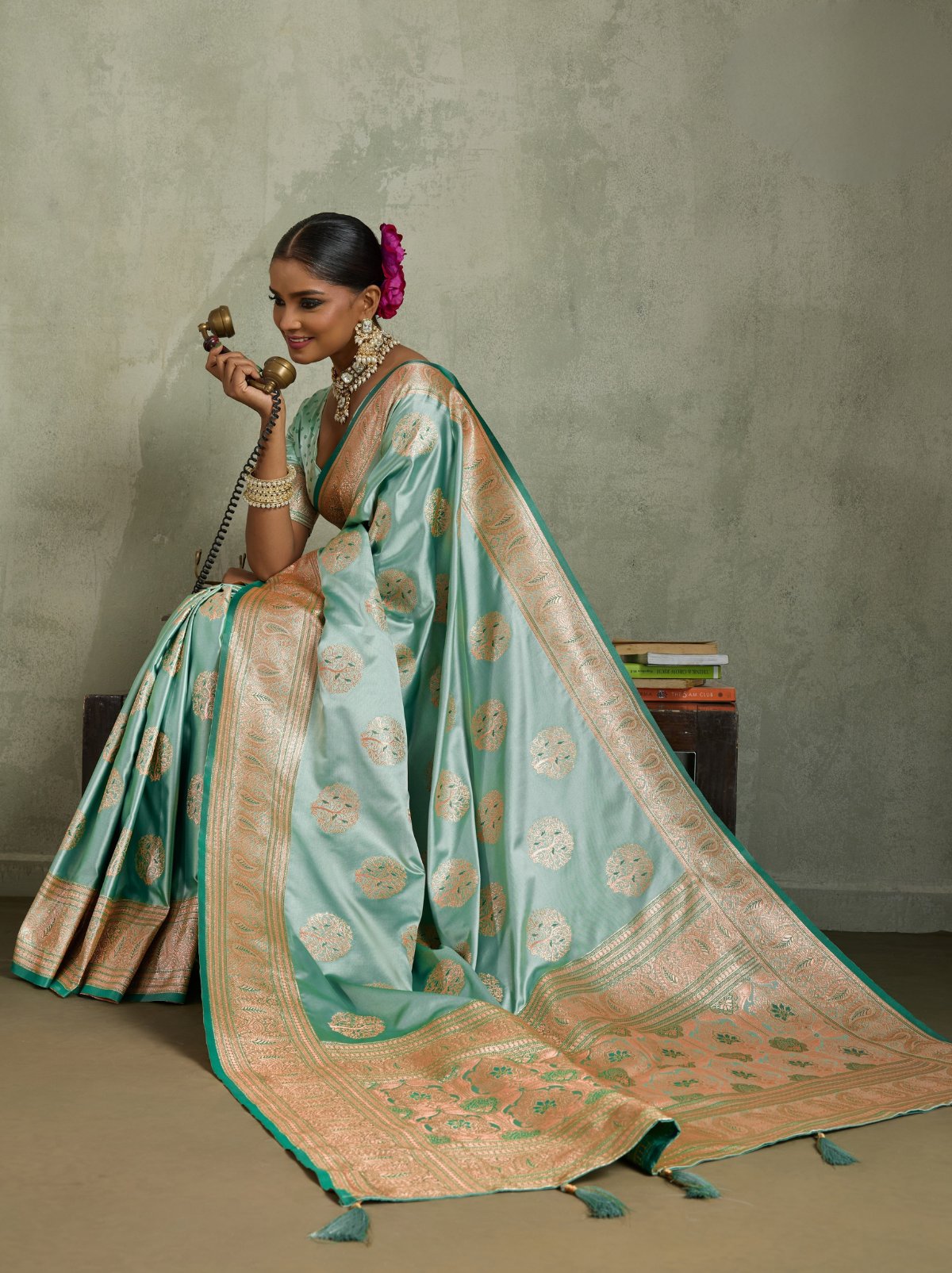 Mint Green Luxurious Satin Silk Saree With Blouse Piece