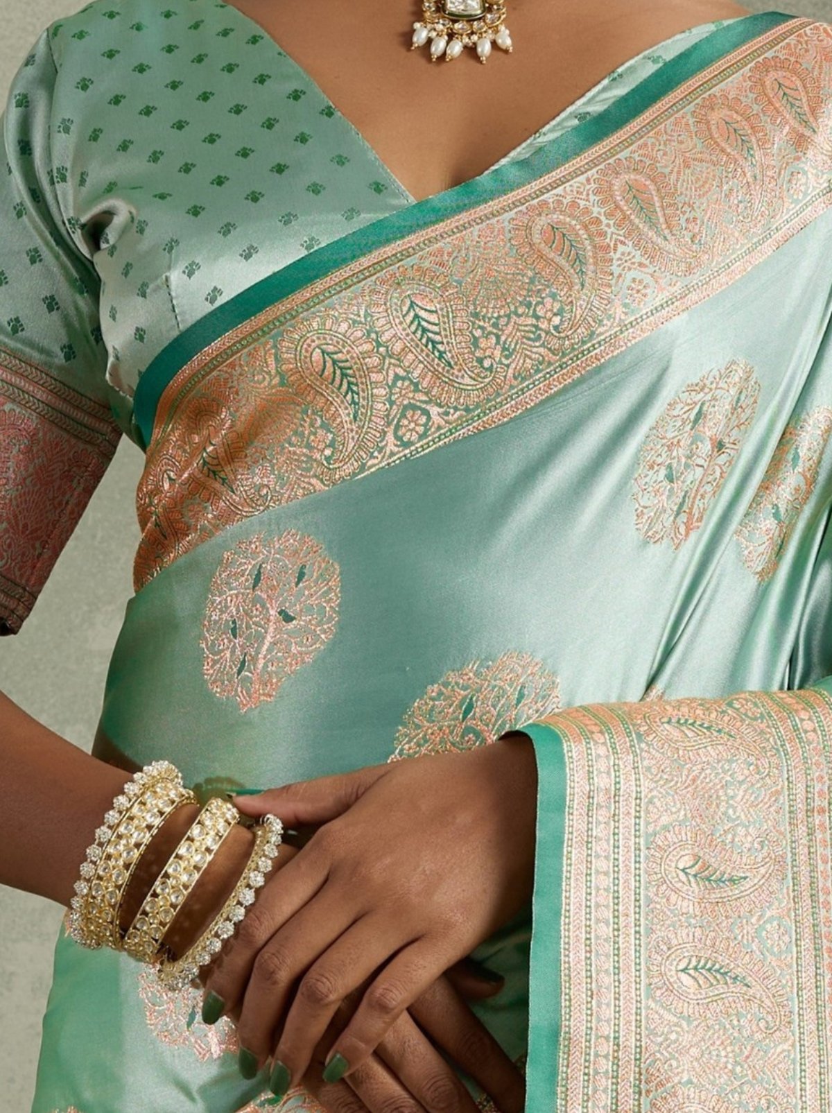 Mint Green Luxurious Satin Silk Saree With Blouse Piece