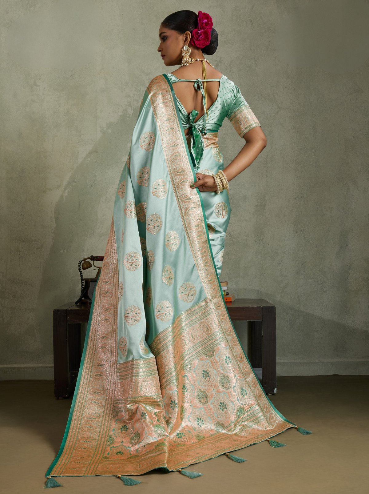 Mint Green Luxurious Satin Silk Saree With Blouse Piece