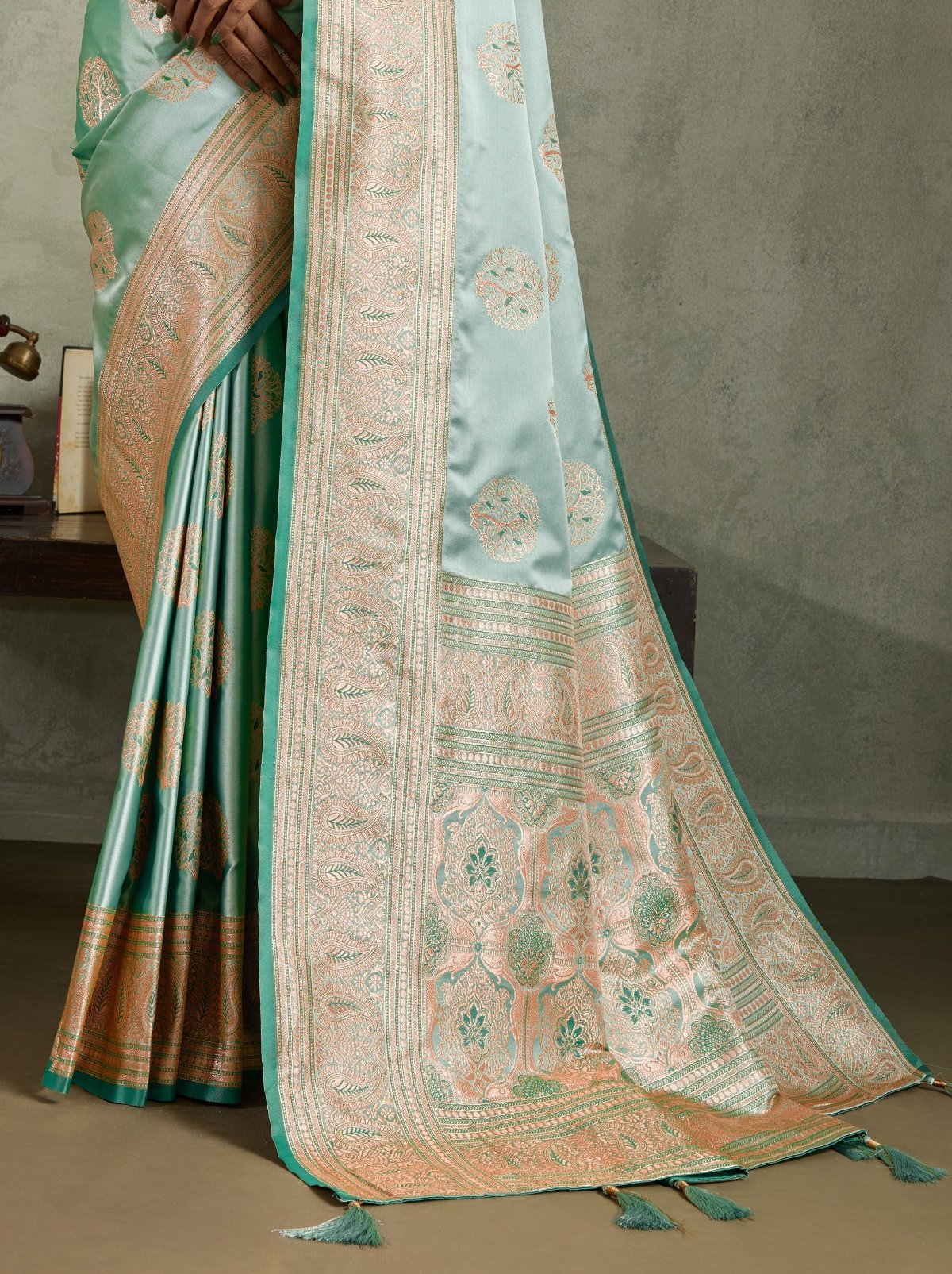 Mint Green Luxurious Satin Silk Saree With Blouse Piece