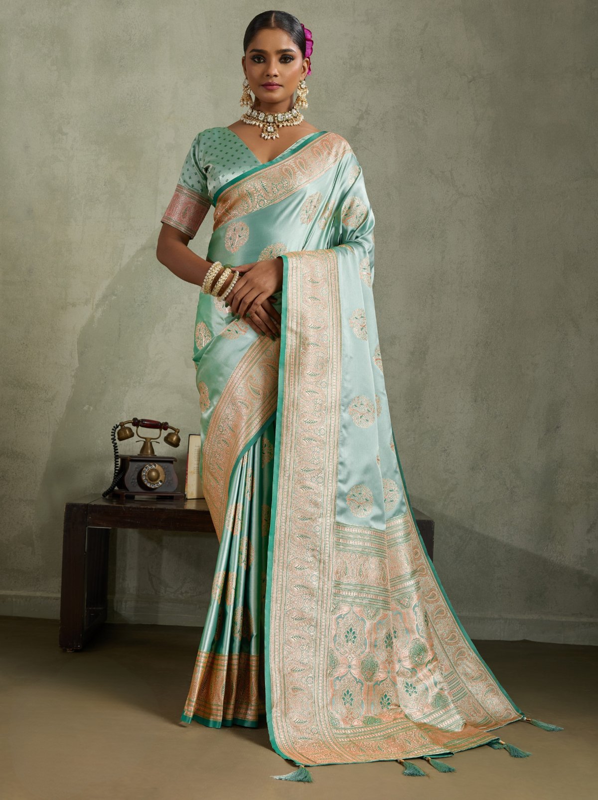 Mint Green Luxurious Satin Silk Saree With Blouse Piece
