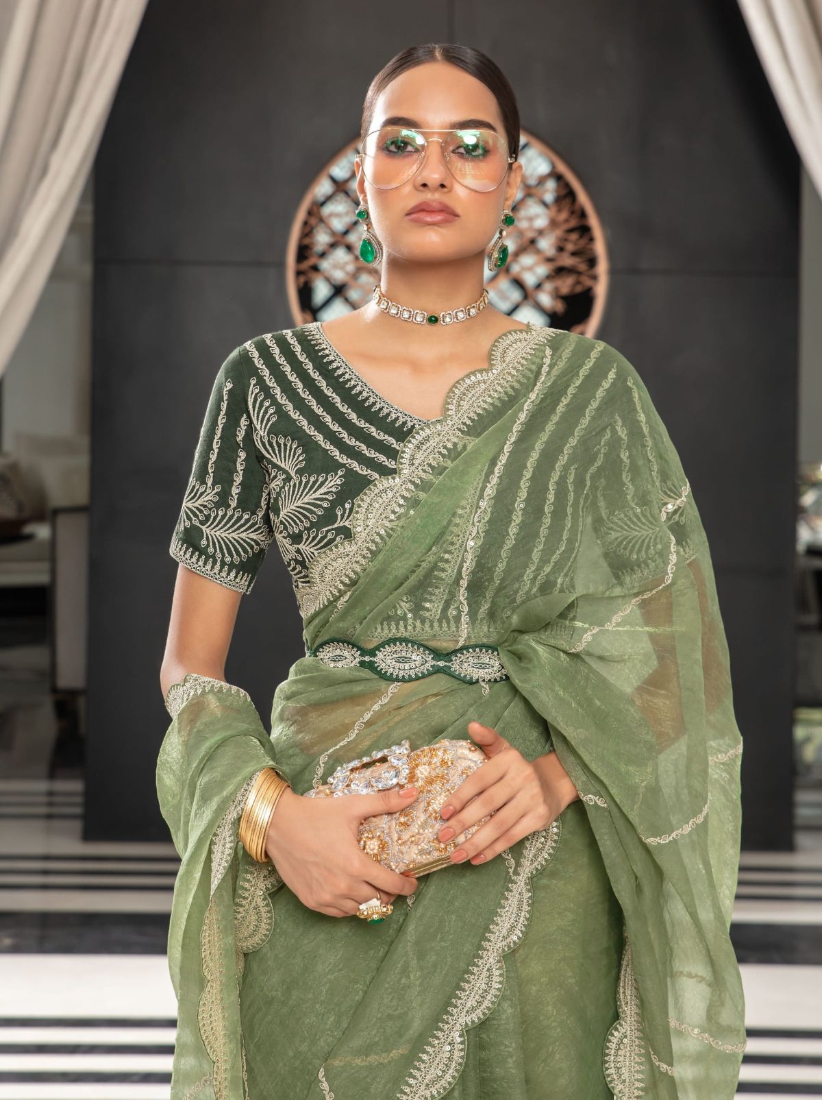 Moss Green Premium Organza Designer Saree - TrendOye