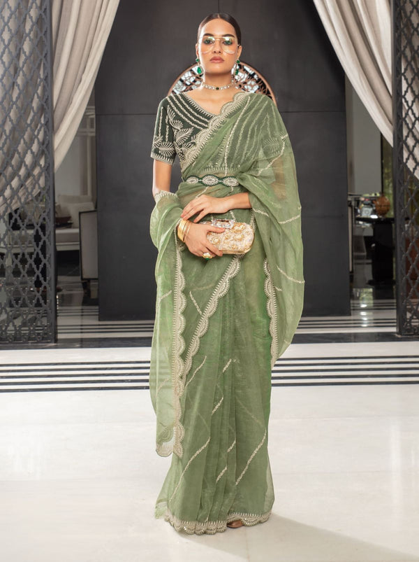 Moss Green Premium Organza Designer Saree - TrendOye