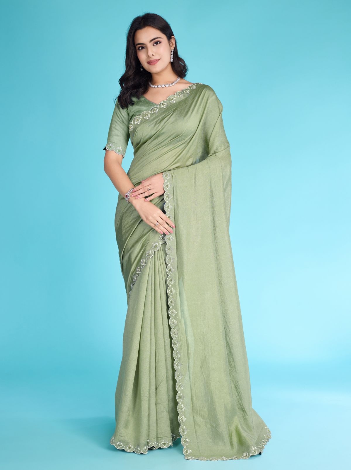Moss Green Party Premium Light Weighted Designer Saree - TrendOye