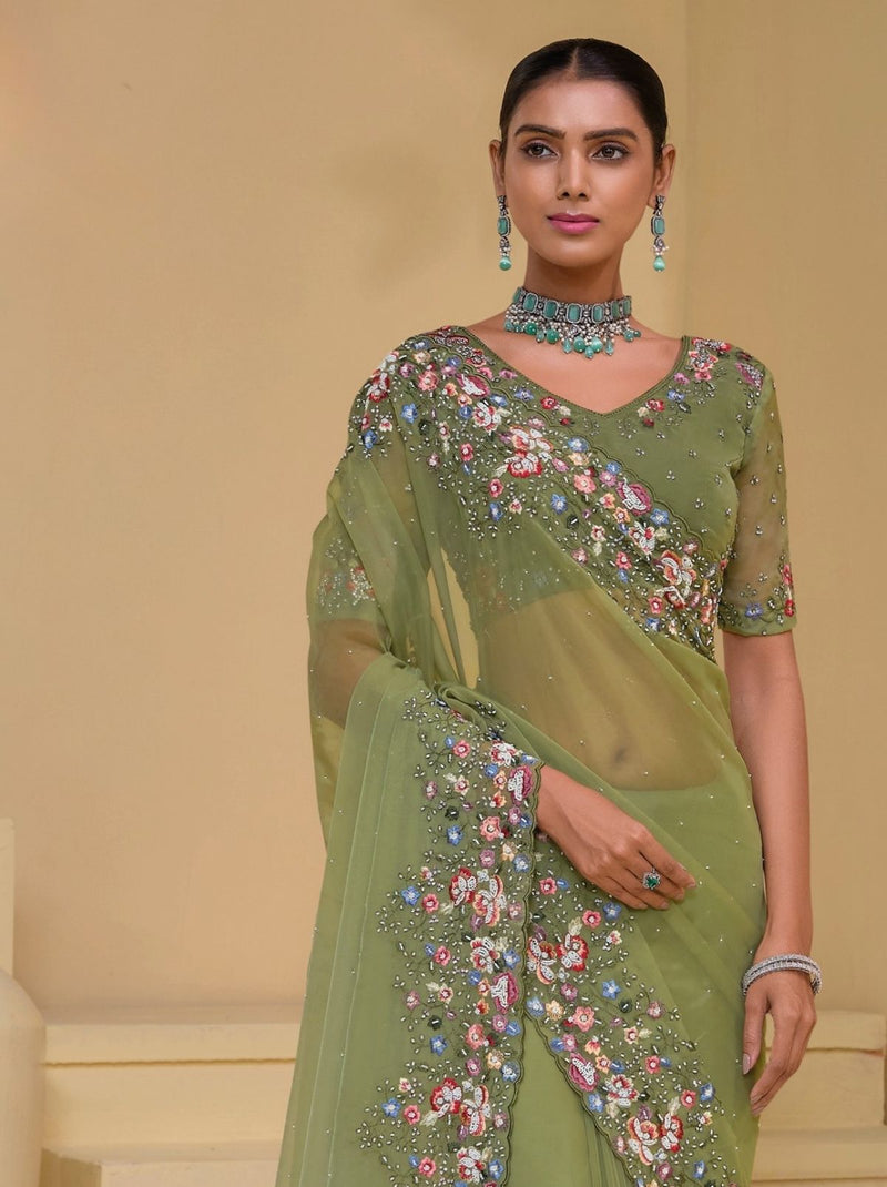 Moss Green Premium Wedding Designer Saree