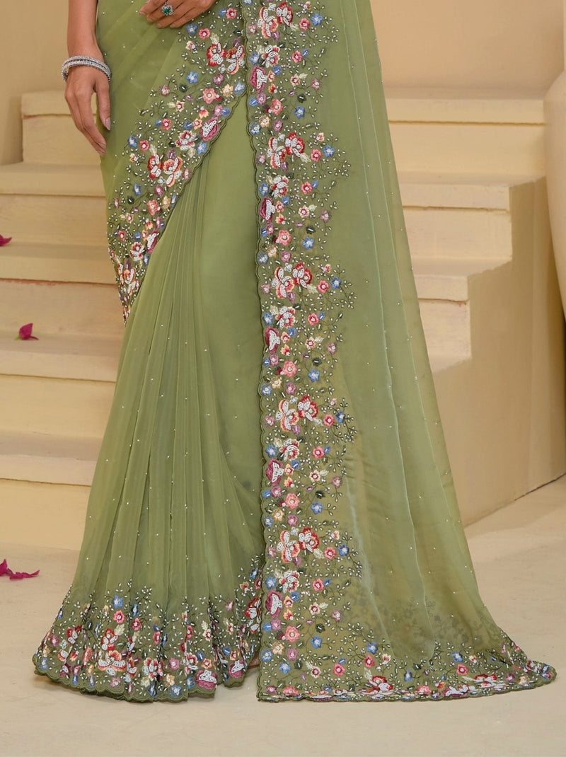 Moss Green Premium Wedding Designer Saree