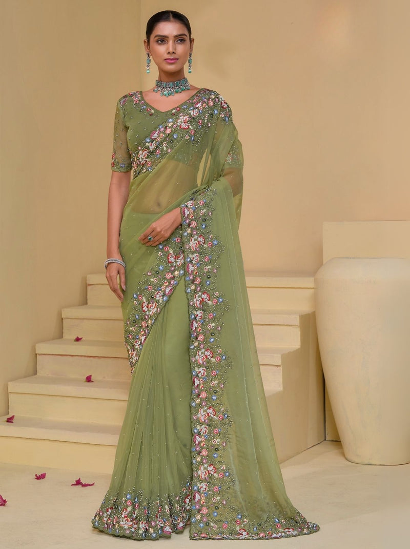 Moss Green Premium Wedding Designer Saree