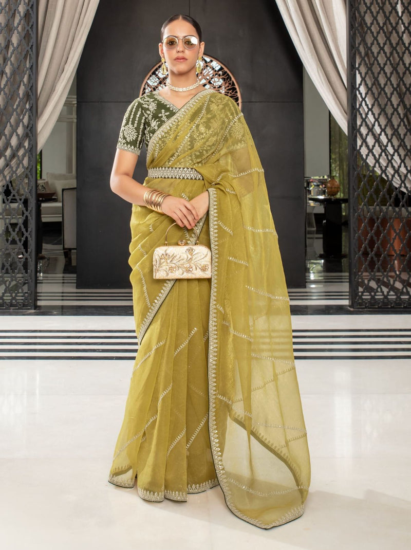 Olive Green Premium Organza Designer Saree - TrendOye