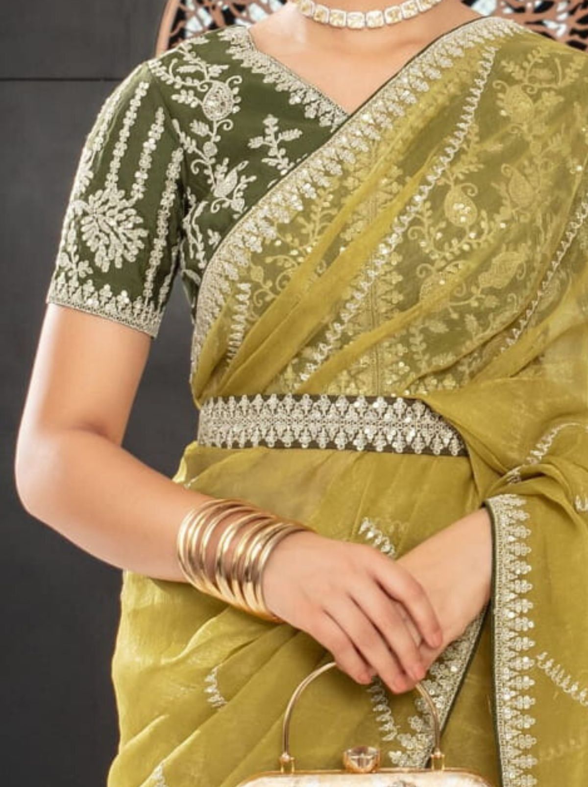 Olive Green Premium Organza Designer Saree - TrendOye
