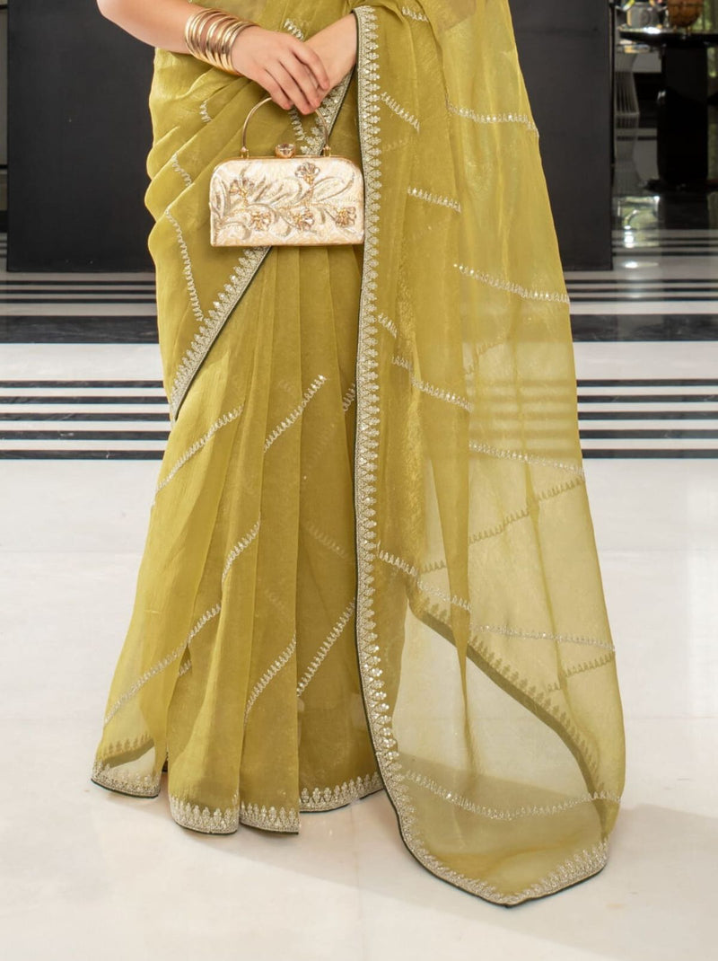 Olive Green Premium Organza Designer Saree