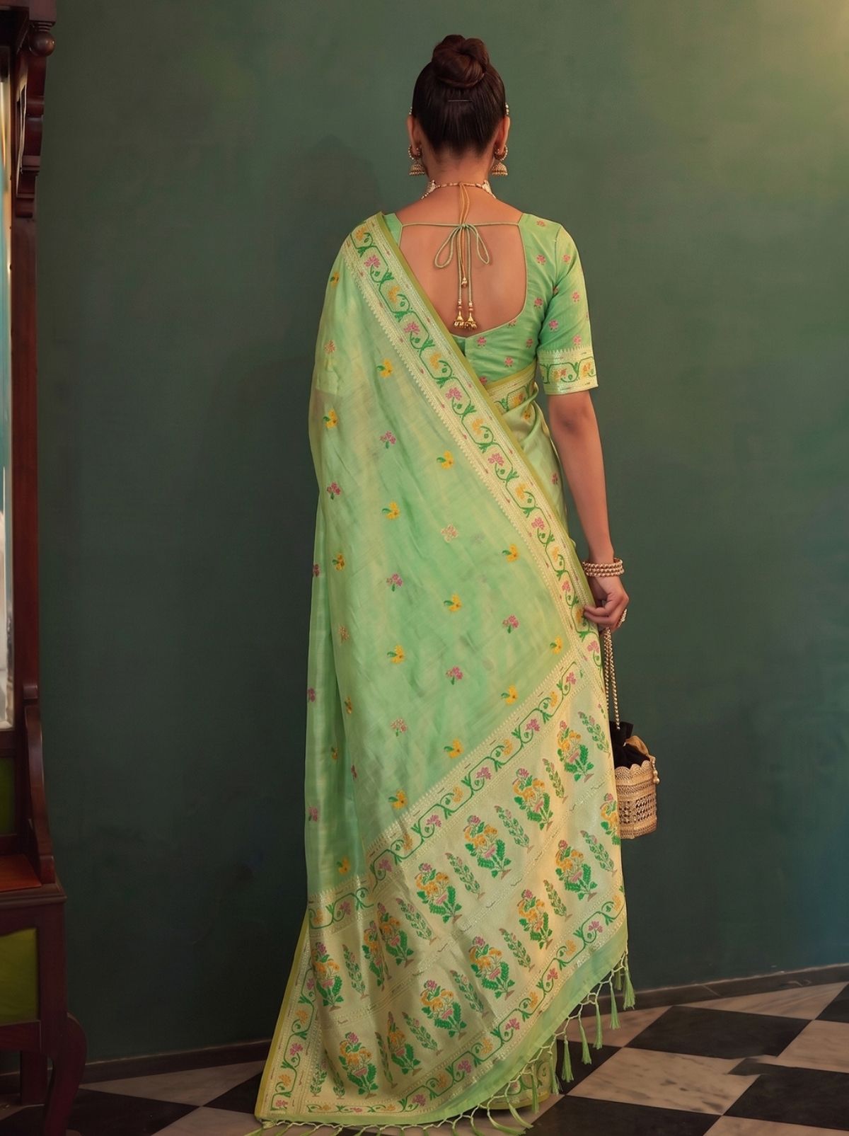 Pistachio Green Opulent Tissue Silk Saree with Soft Gold Zari Work
