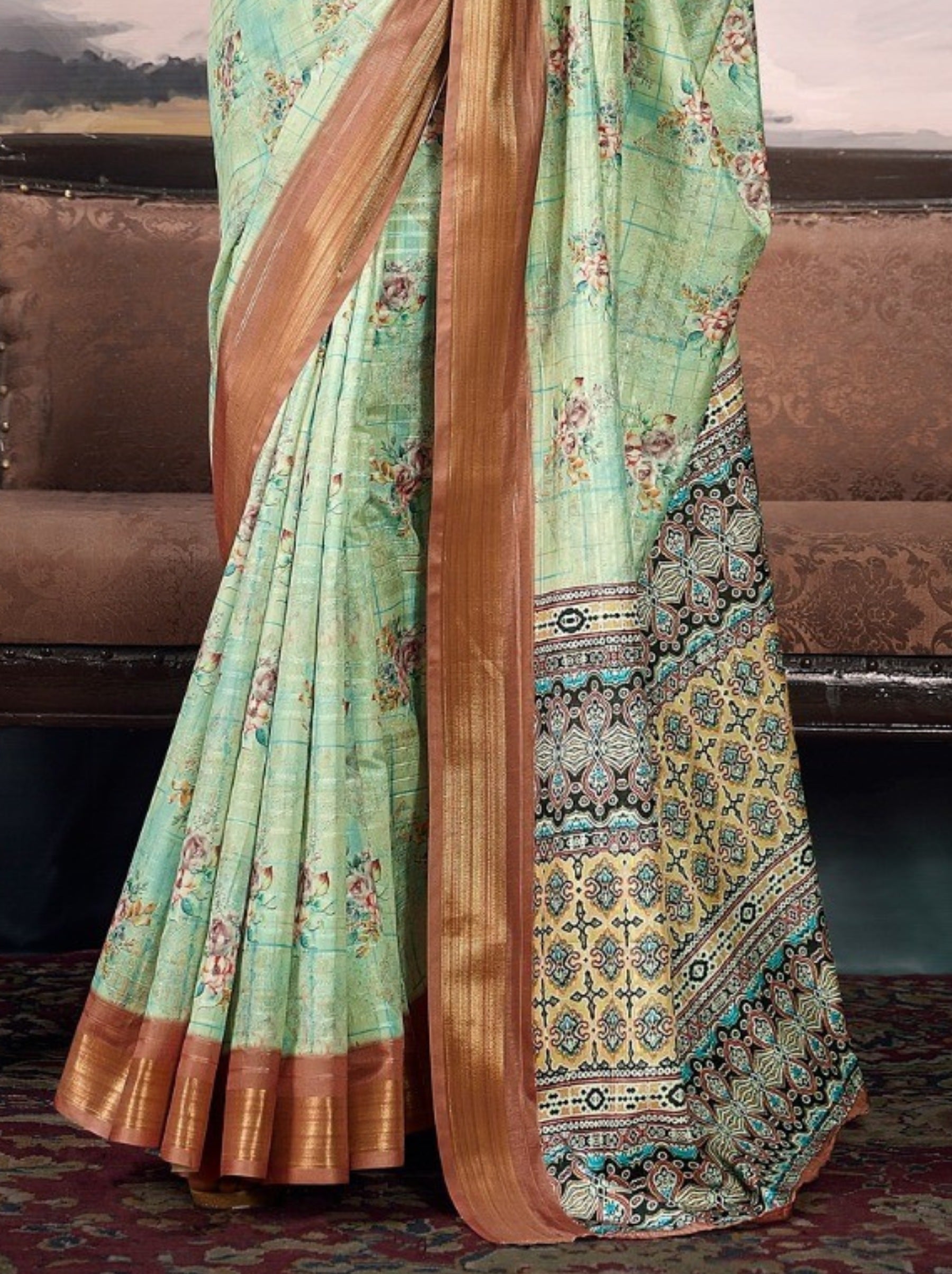 Pastel Green Organza Festive Saree - TrendOye