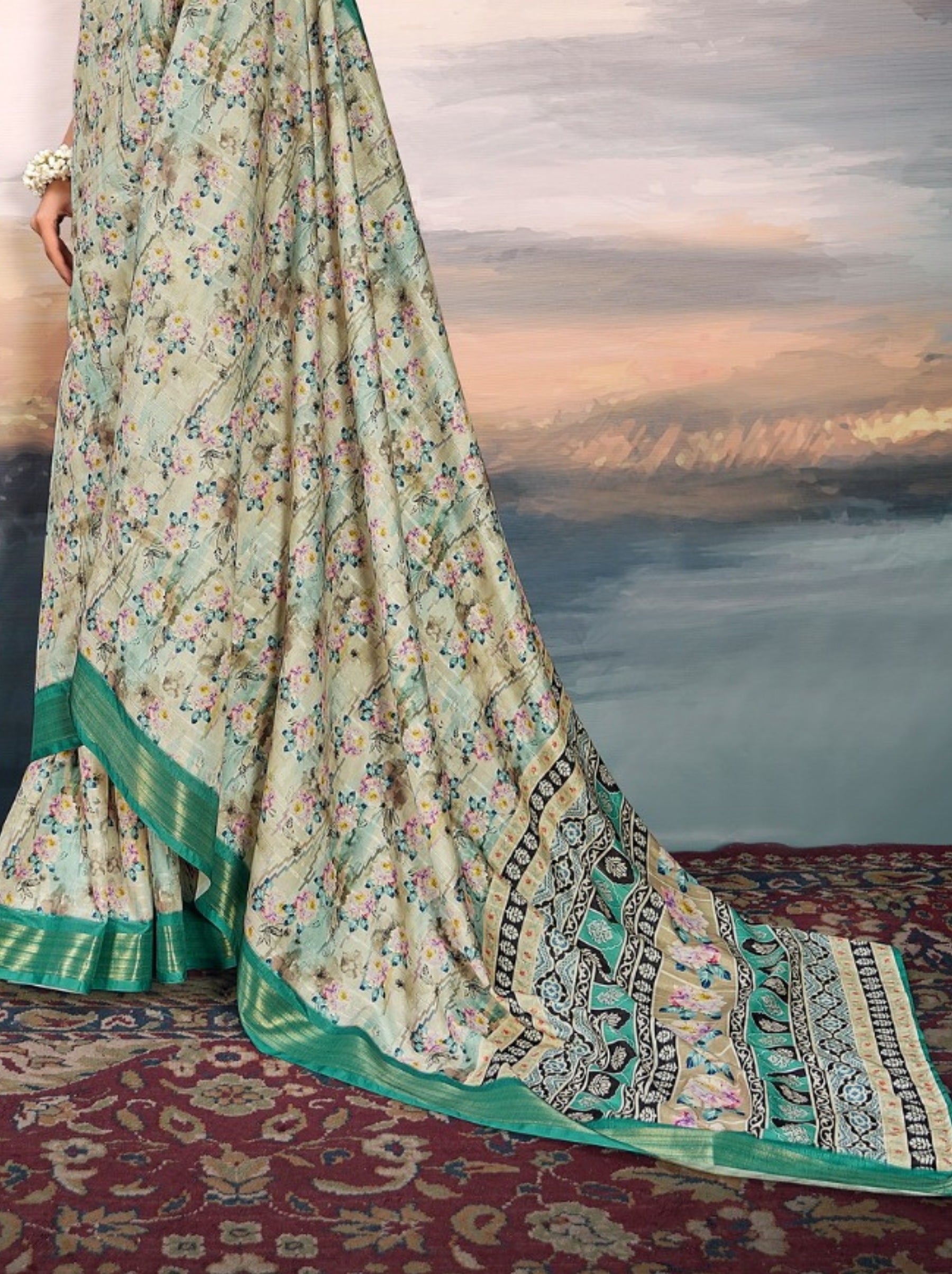 Tea Green Organza Festive Saree - TrendOye