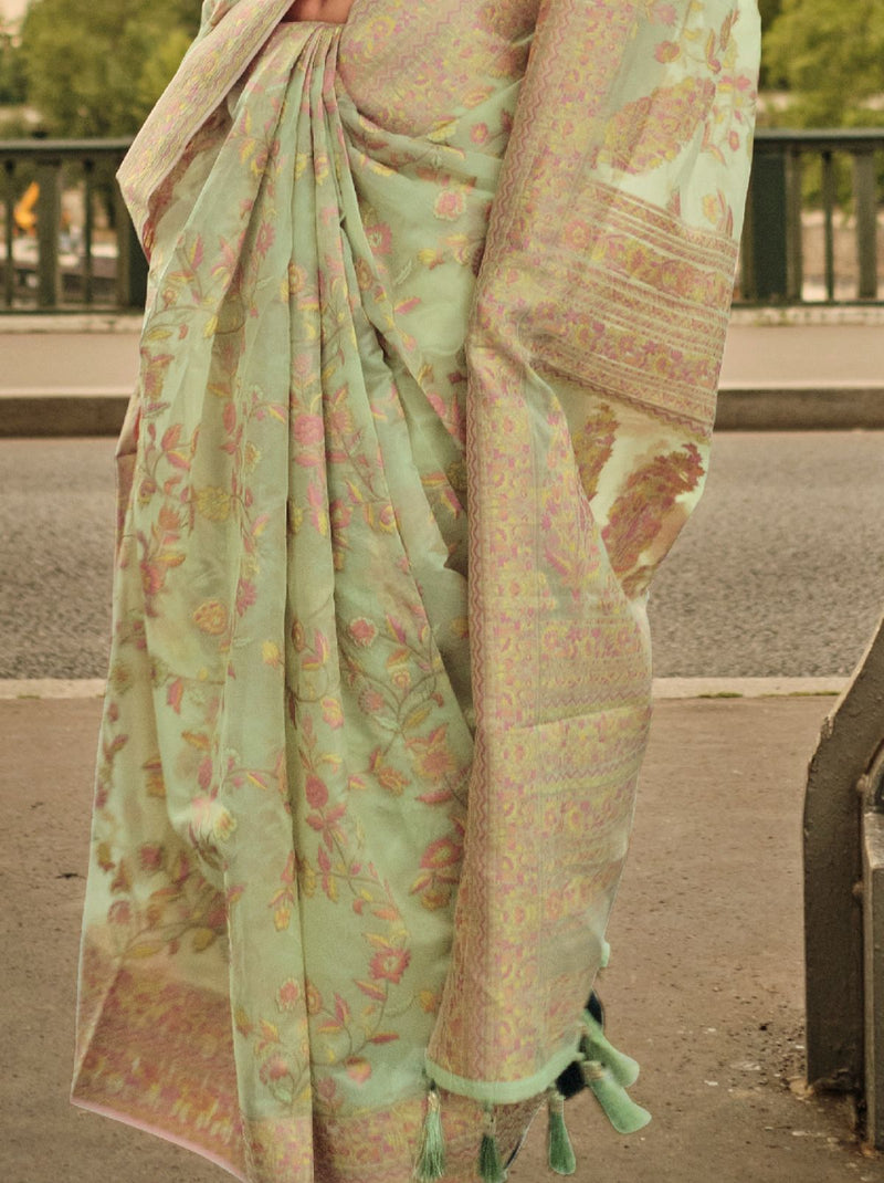 Green Organza Kashmiri Designer Handloom Silk Saree - TrendOye