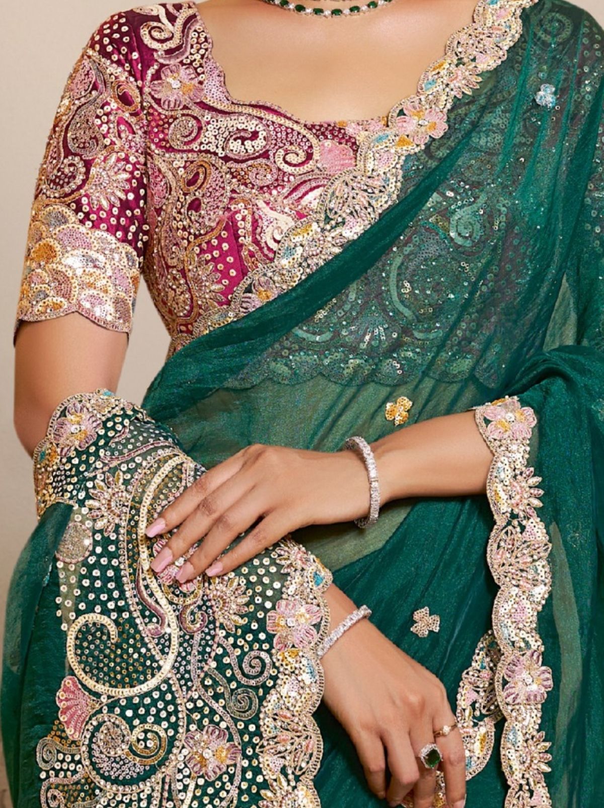 Forest Green Organza Satin Wedding Saree With Blouse Piece