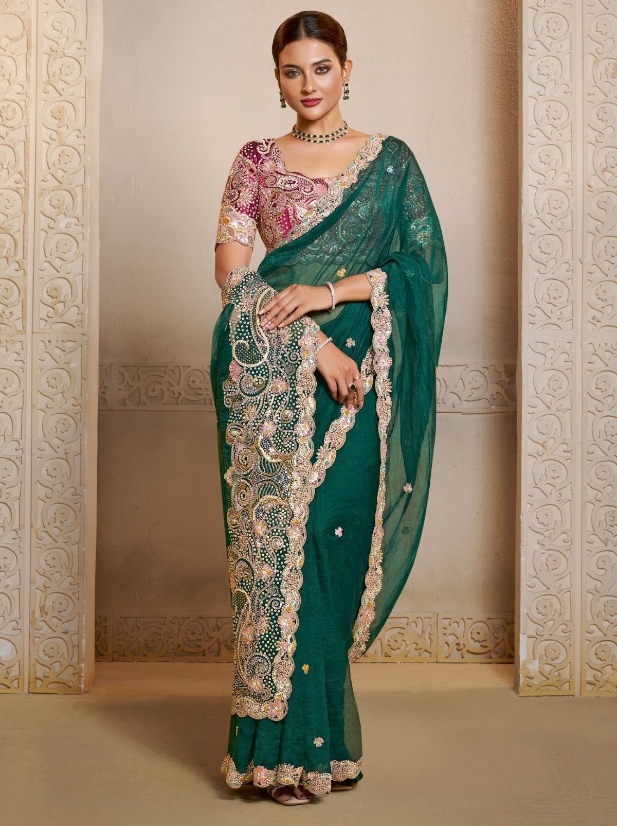 Forest Green Organza Satin Wedding Saree With Blouse Piece