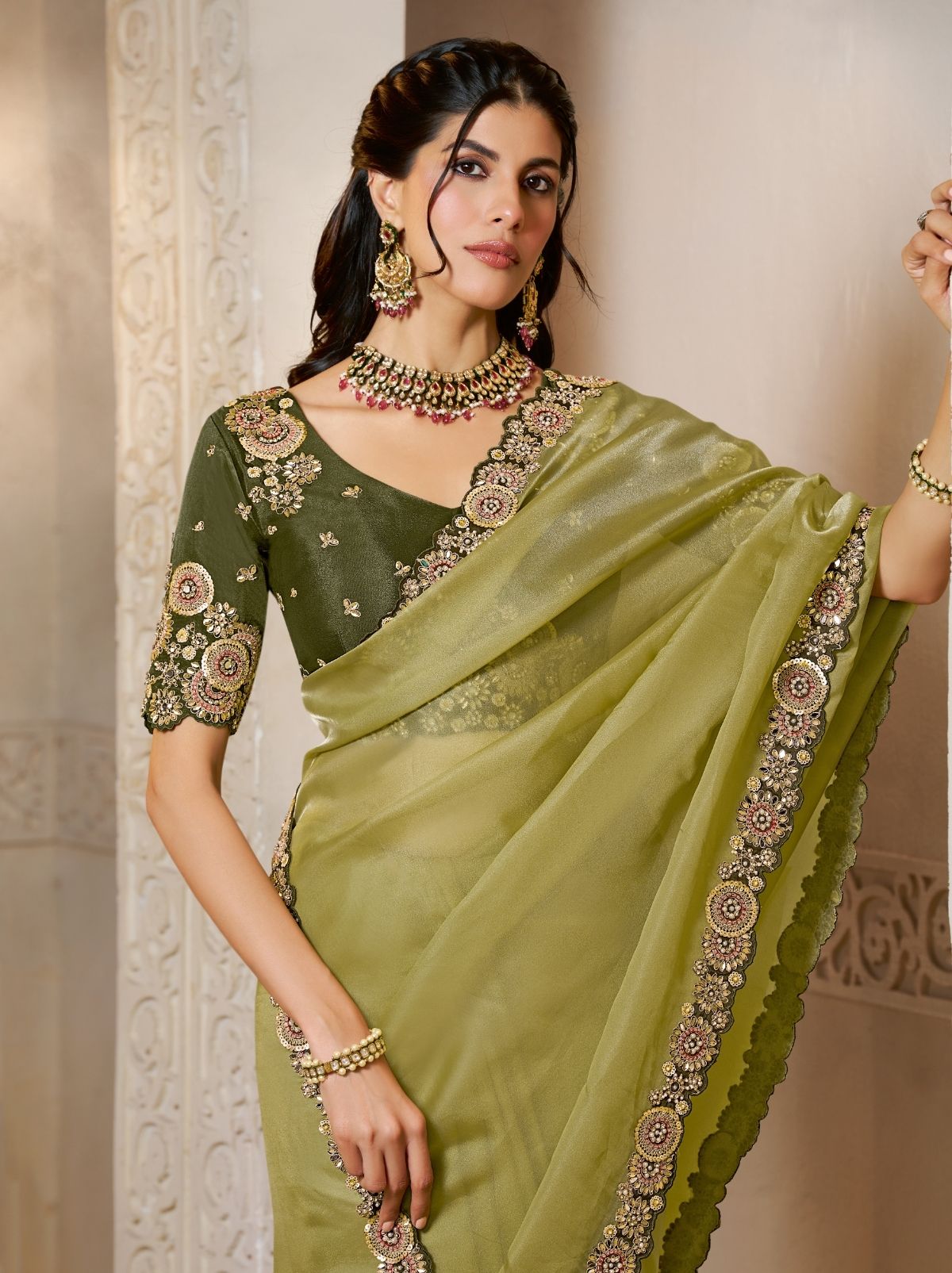 Apple Green Organza Satin Wedding Saree With Blouse Piece
