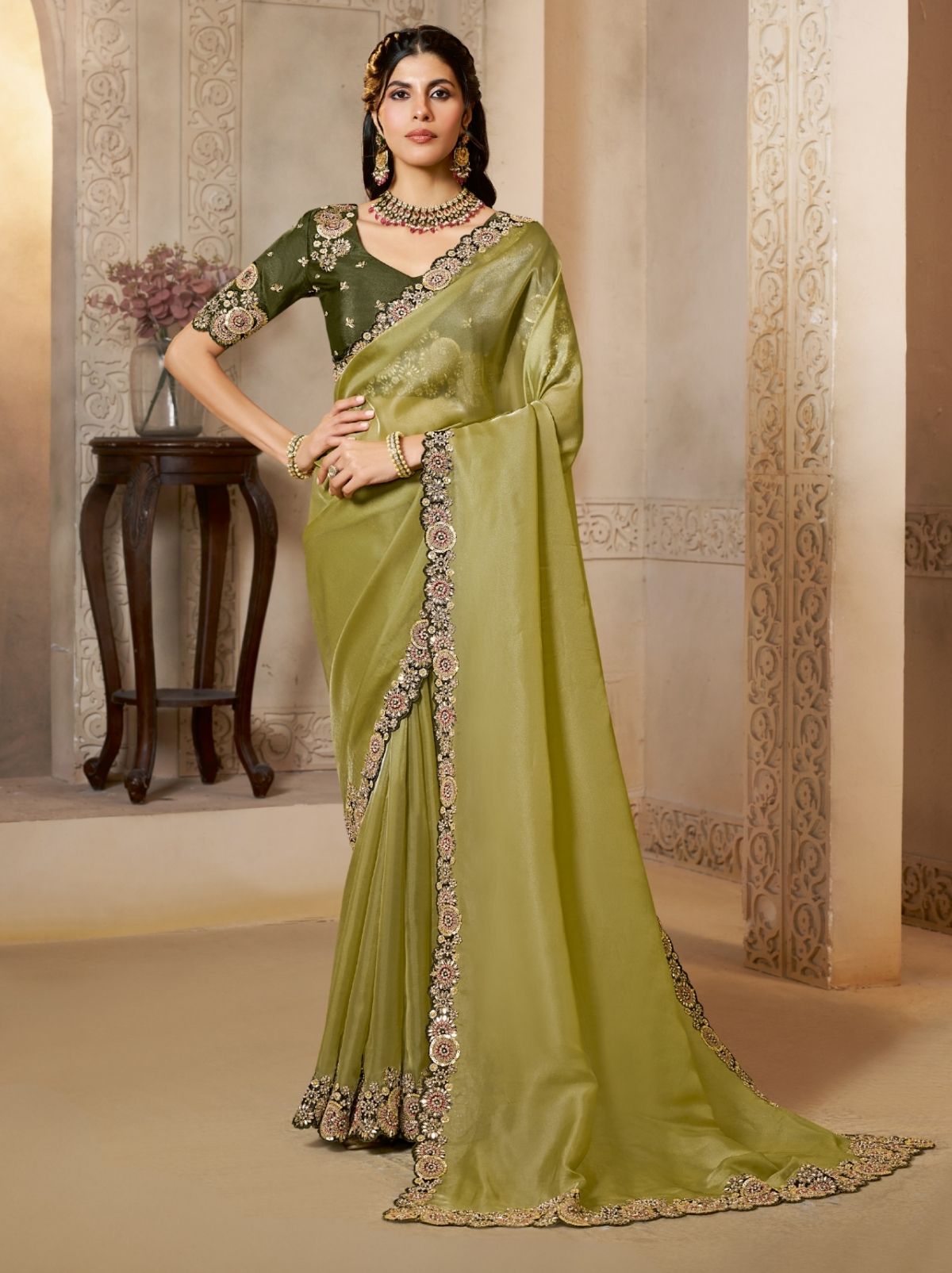Apple Green Organza Satin Wedding Saree With Blouse Piece