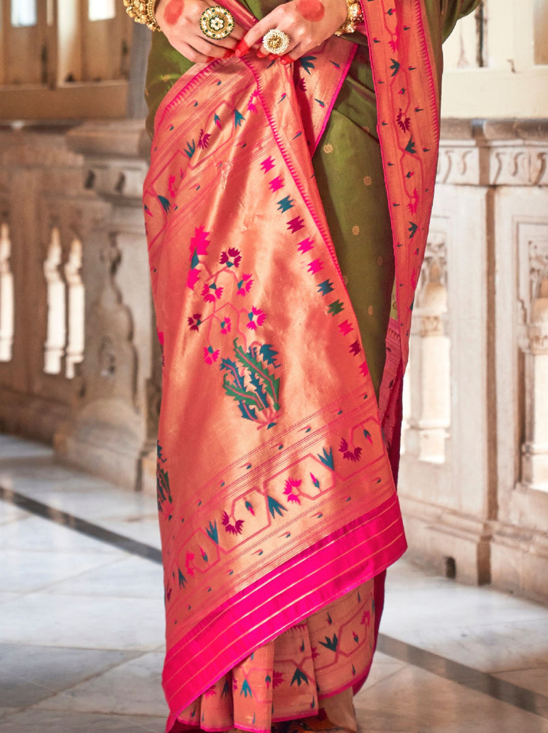 Olive Green Paithani Designer Wedding Silk Saree - TrendOye