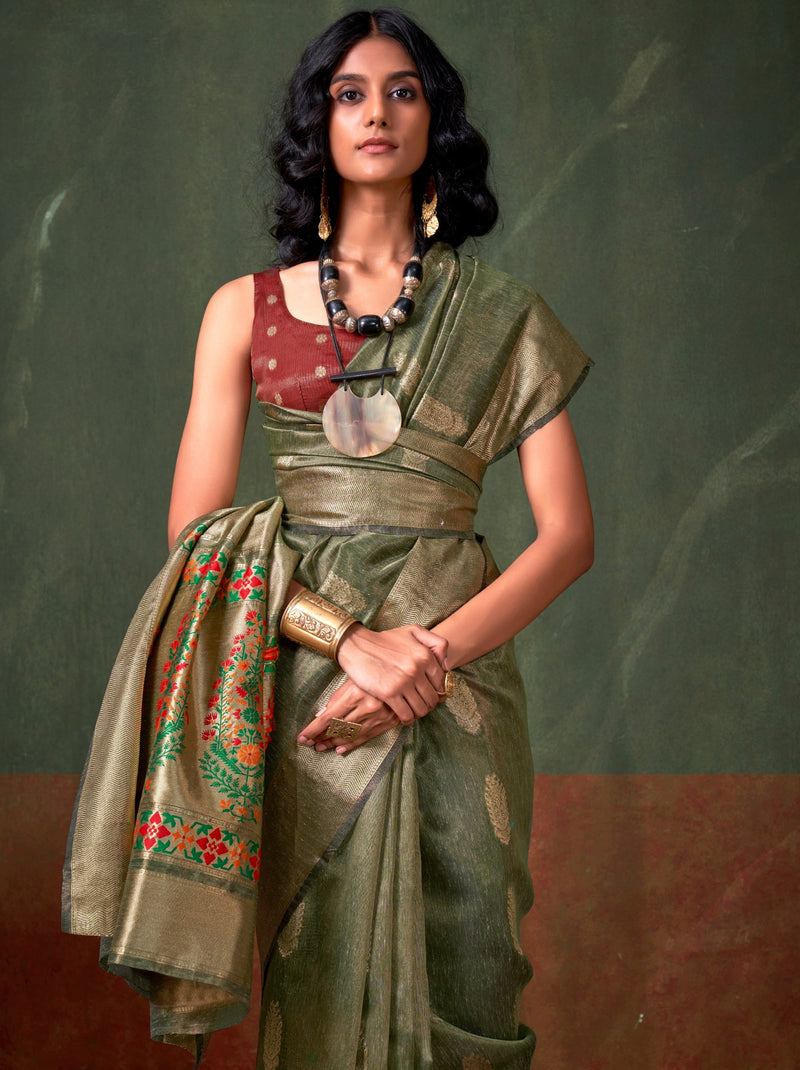 Uniform Green Paithani Zari Tissue Silk Party Saree