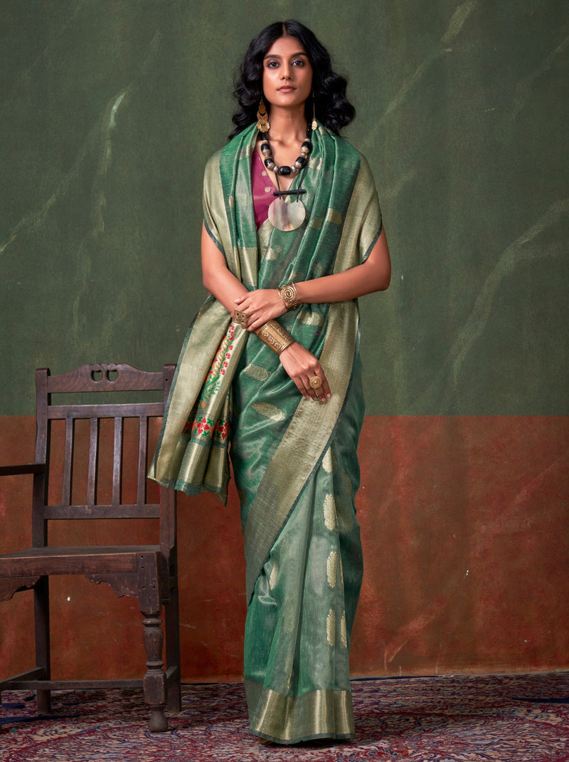 Sea Green Paithani Zari Tissue Silk Party Saree