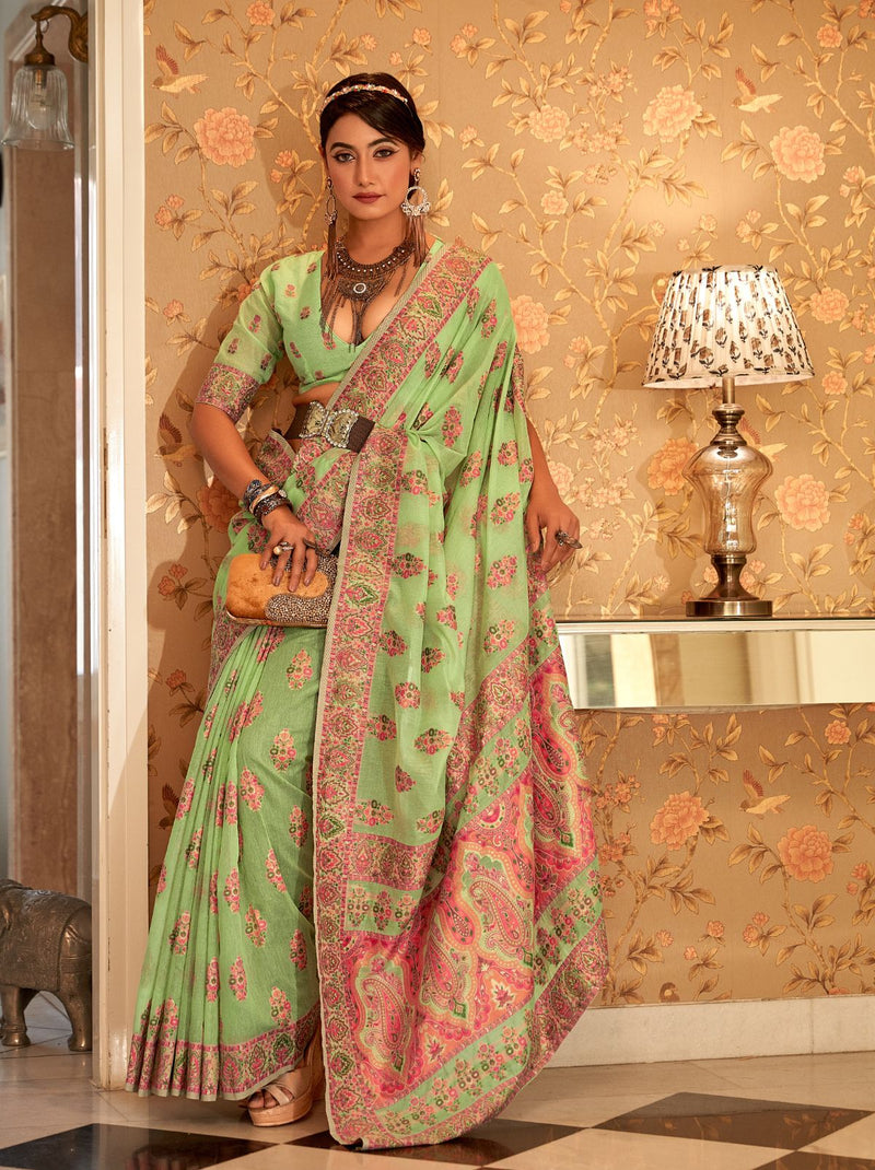 Green Pashmina Silk Saree With Colorful Woven Motifs - TrendOye